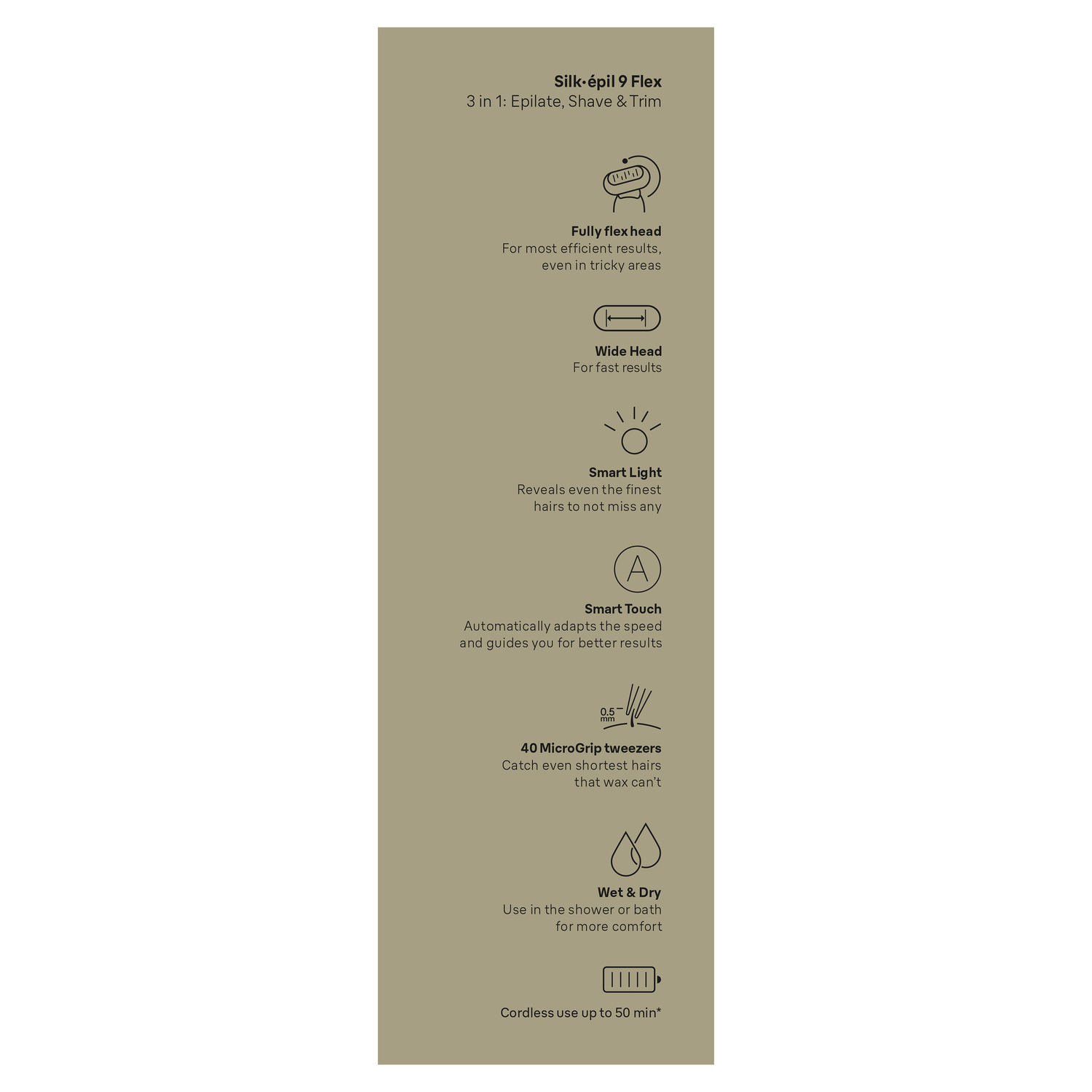 Braun Silk-épil 9 Flex features: fully flex head, wide head, smart light, smart touch, etc. Icons shown.