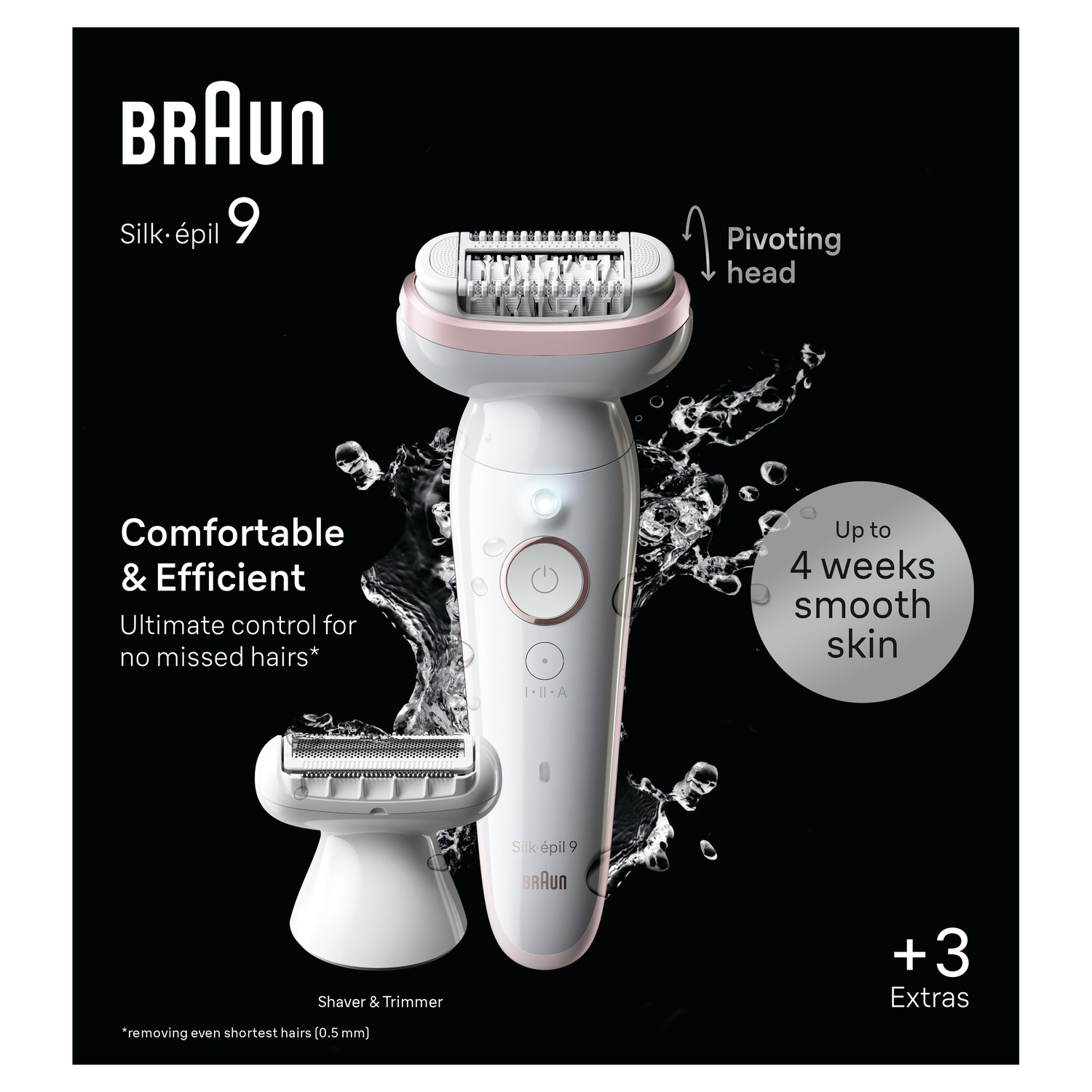 Épilateur Braun Silk-épil 9. Appareil blanc et rose avec accessoire de coupe. Gouttes d'eau.