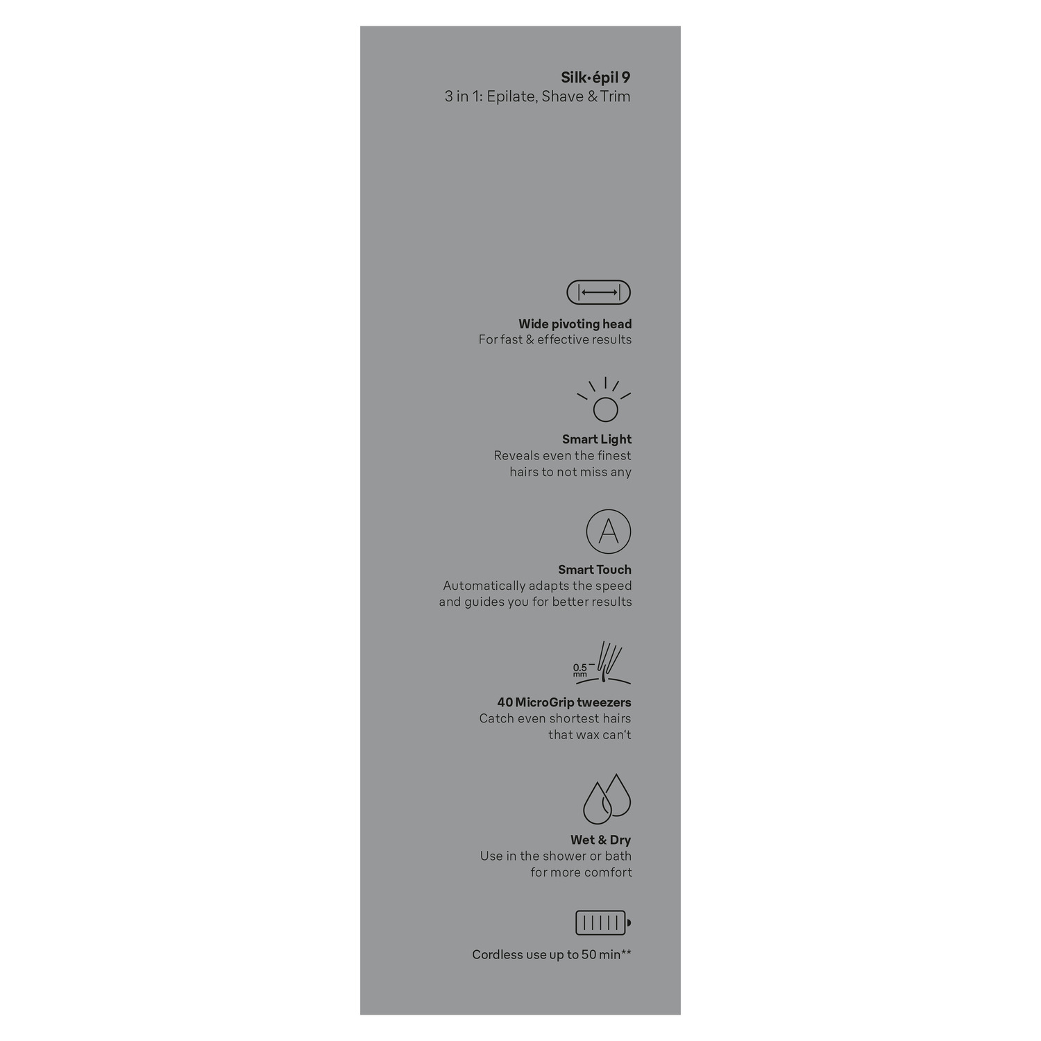Présentation verticale des caractéristiques de l'épilateur. Les points forts incluent la tête pivotante large, Smart Light et 40 pinces MicroGrip.