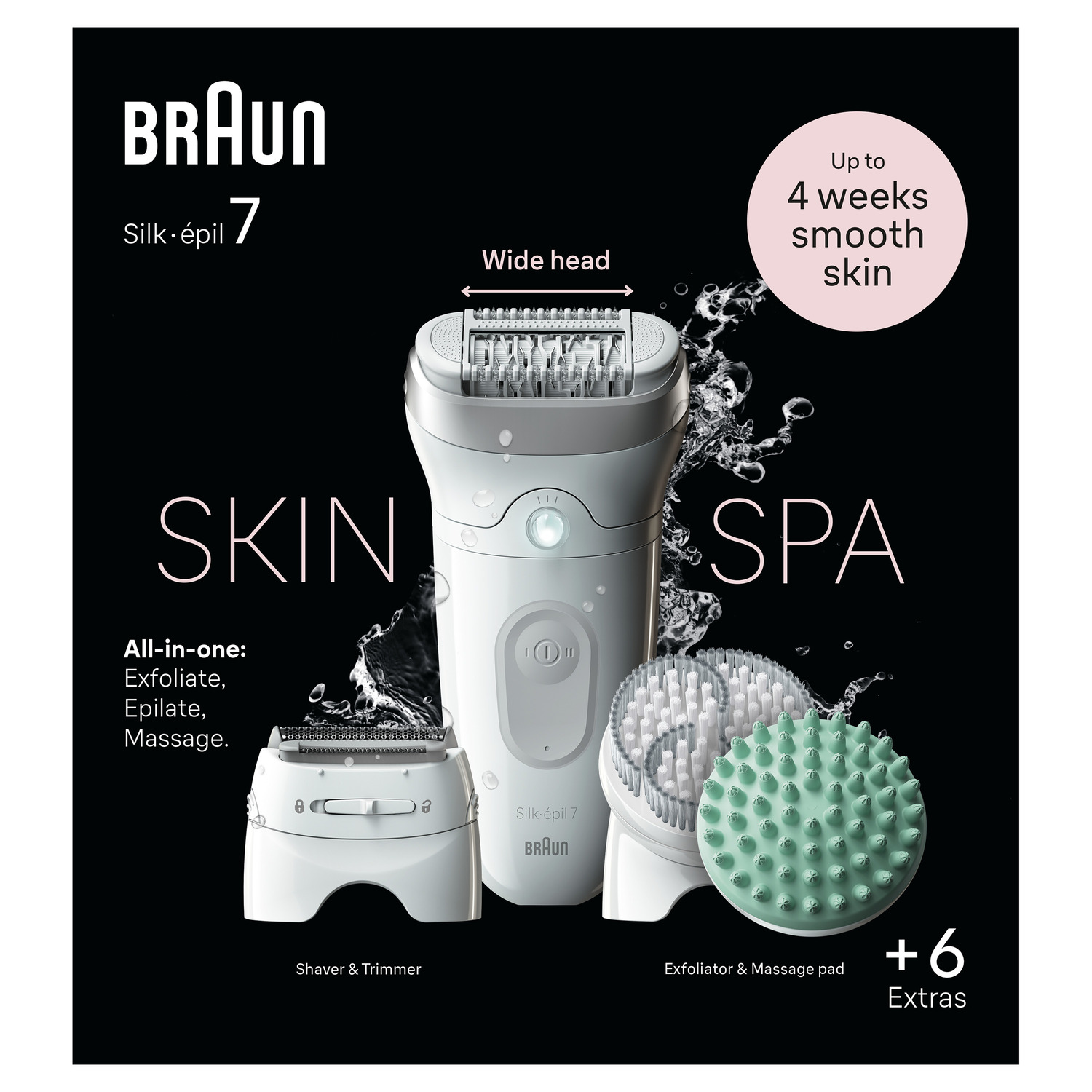 Braun Silk-épil 7 product. De epilator wordt getoond met opzetstukken. Tekst benadrukt All-in-one: Exfoliëren, Epileren, Masseren.