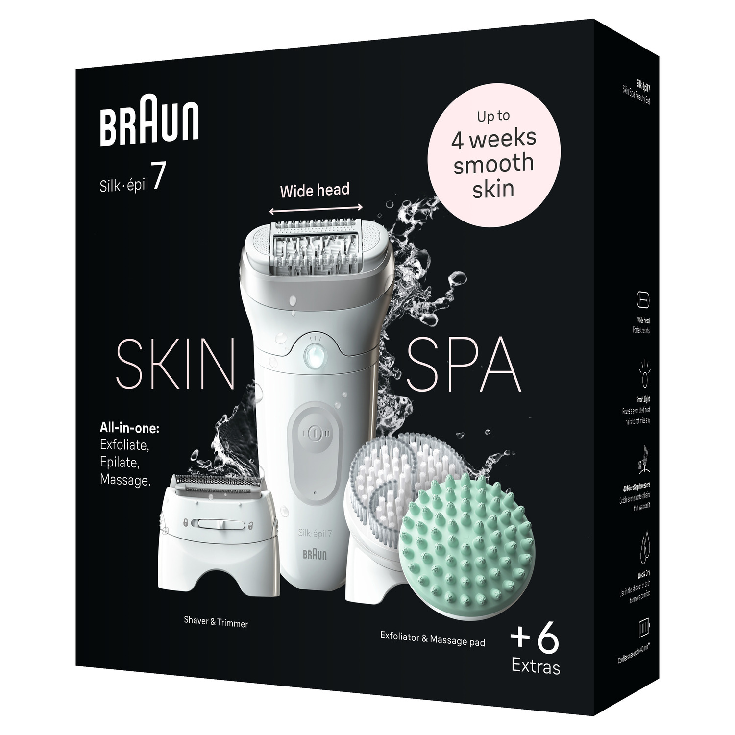 Braun Silk-épil 7 Skin Spa doos. Witte epilator, scheerapparaat, massagepad en extra's worden getoond.