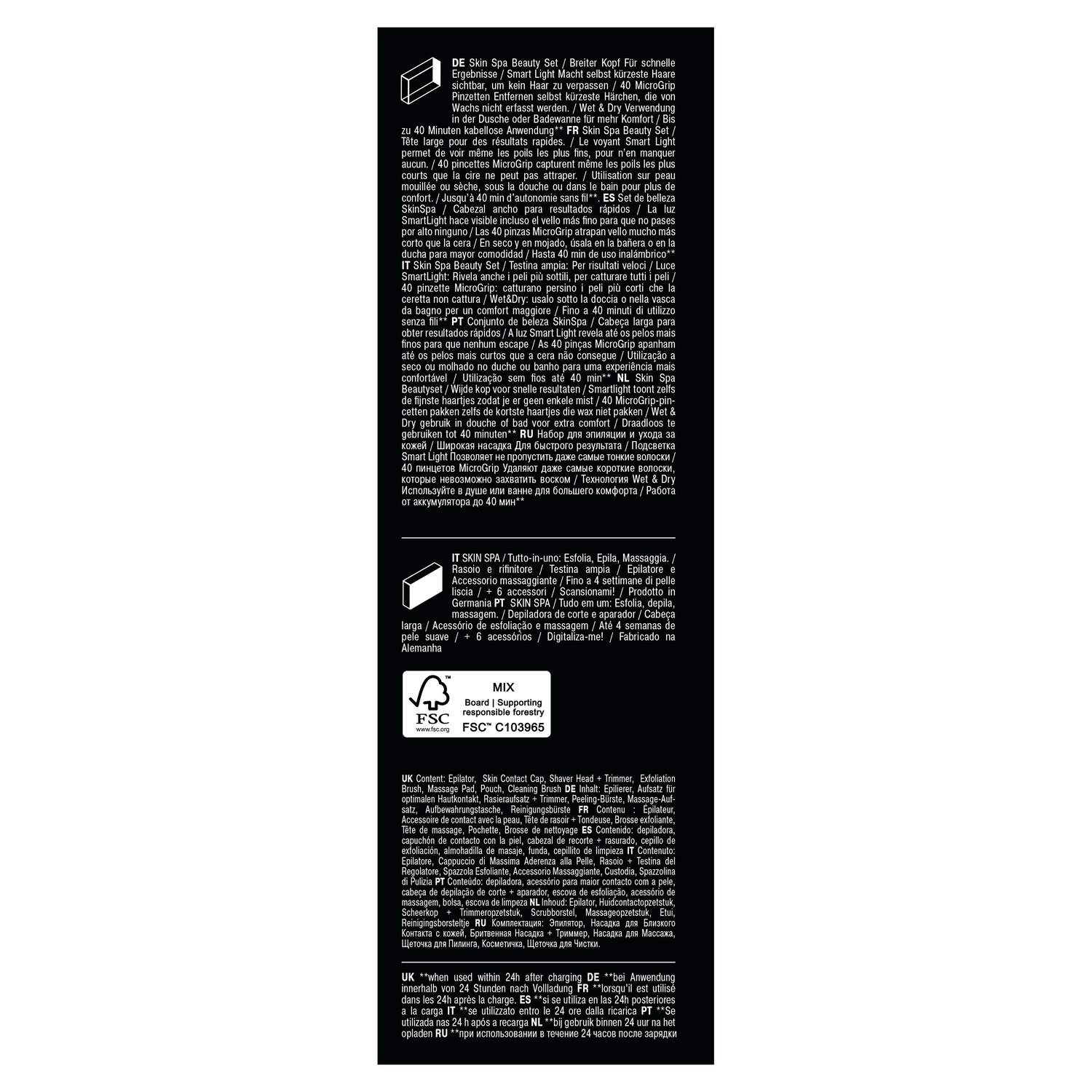 Zwarte doos met tekst, witte productdetails. Bevat logo's en productinformatie. FSC-logo aanwezig.