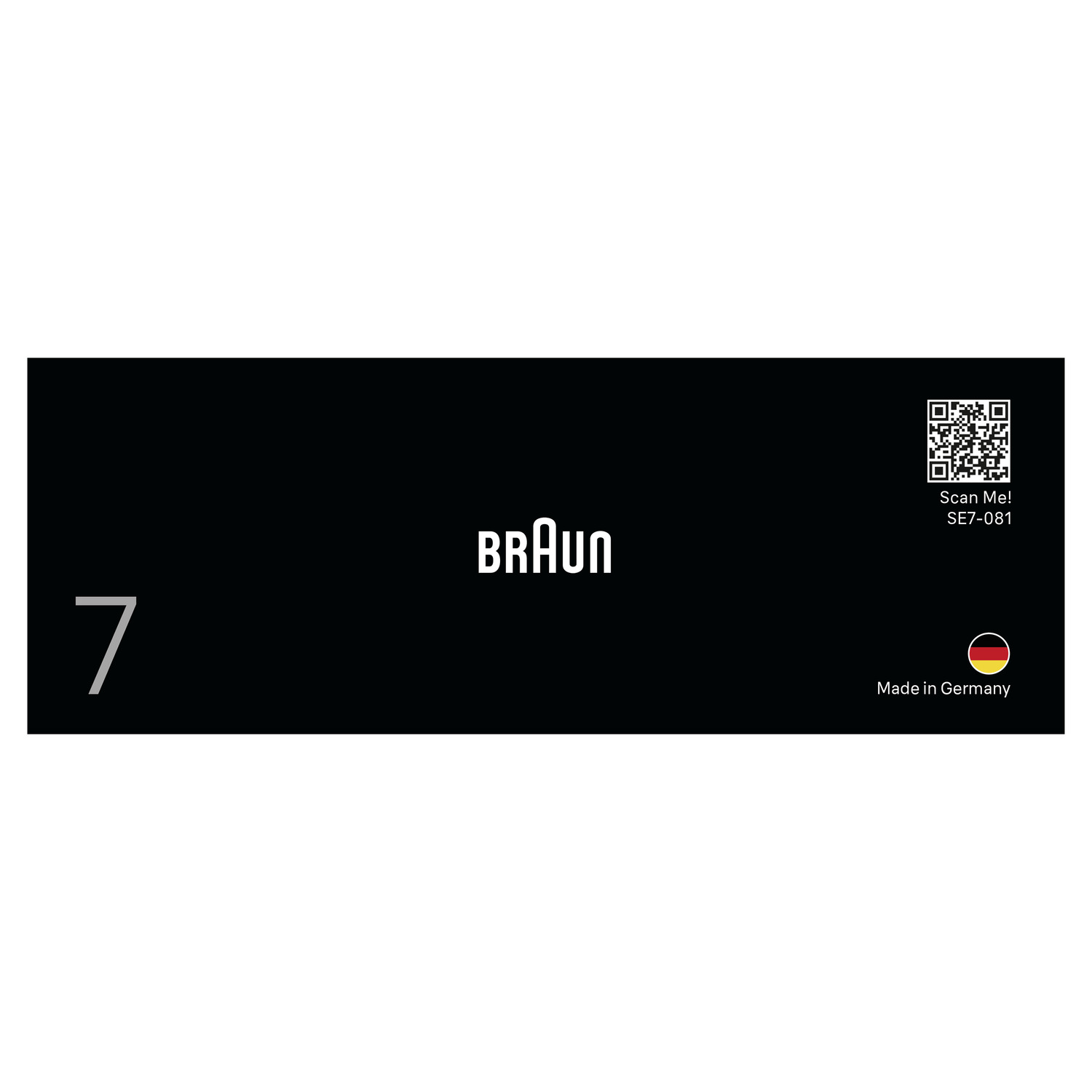 Braun-logo op een zwarte achtergrond met een QR-code en tekst.