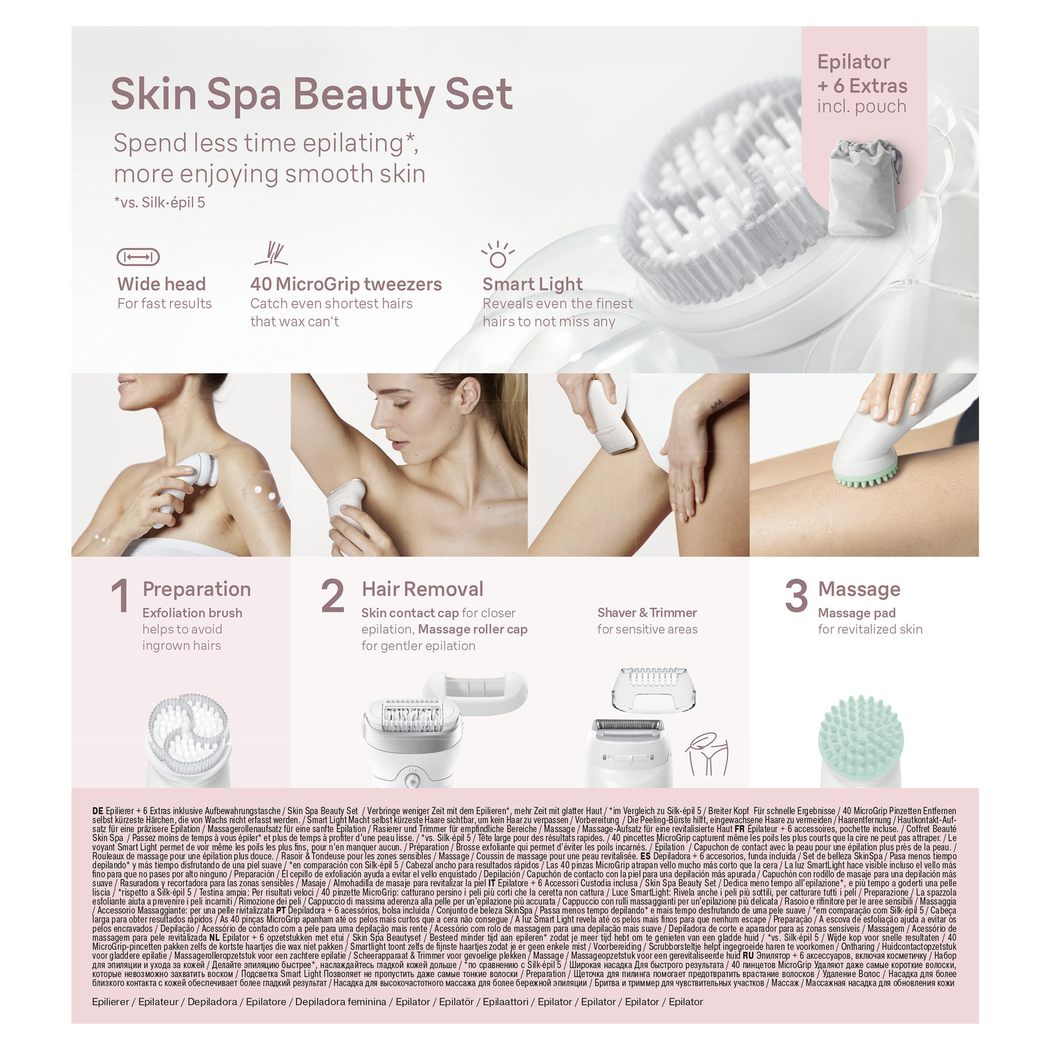 Afbeelding van een vrouw die een Skin Spa Beauty Set gebruikt. Verschillende productkenmerken worden getoond.
