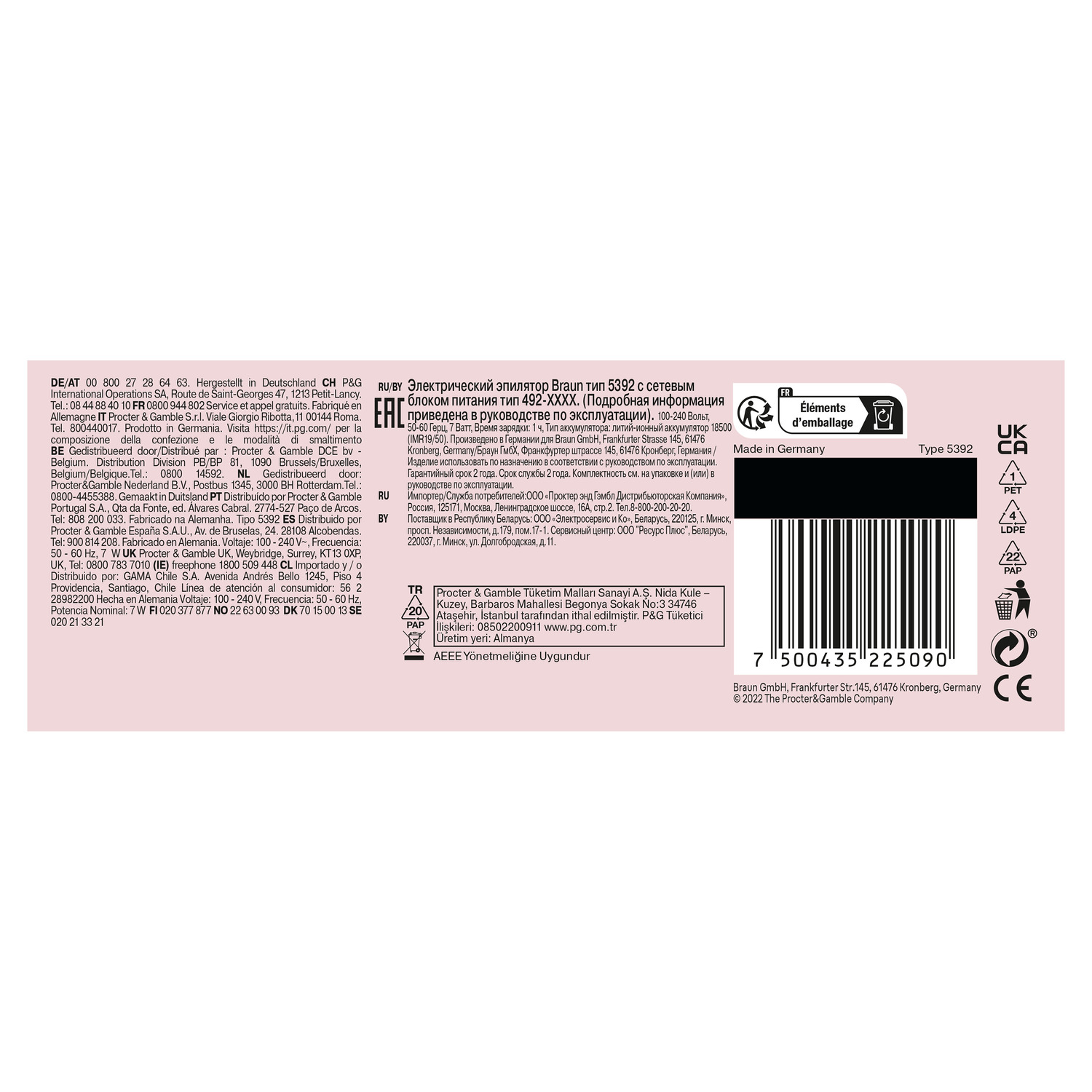 Roze productdoos. Tekst in meerdere talen. Bevat productinformatie en een barcode. Made in Germany label.