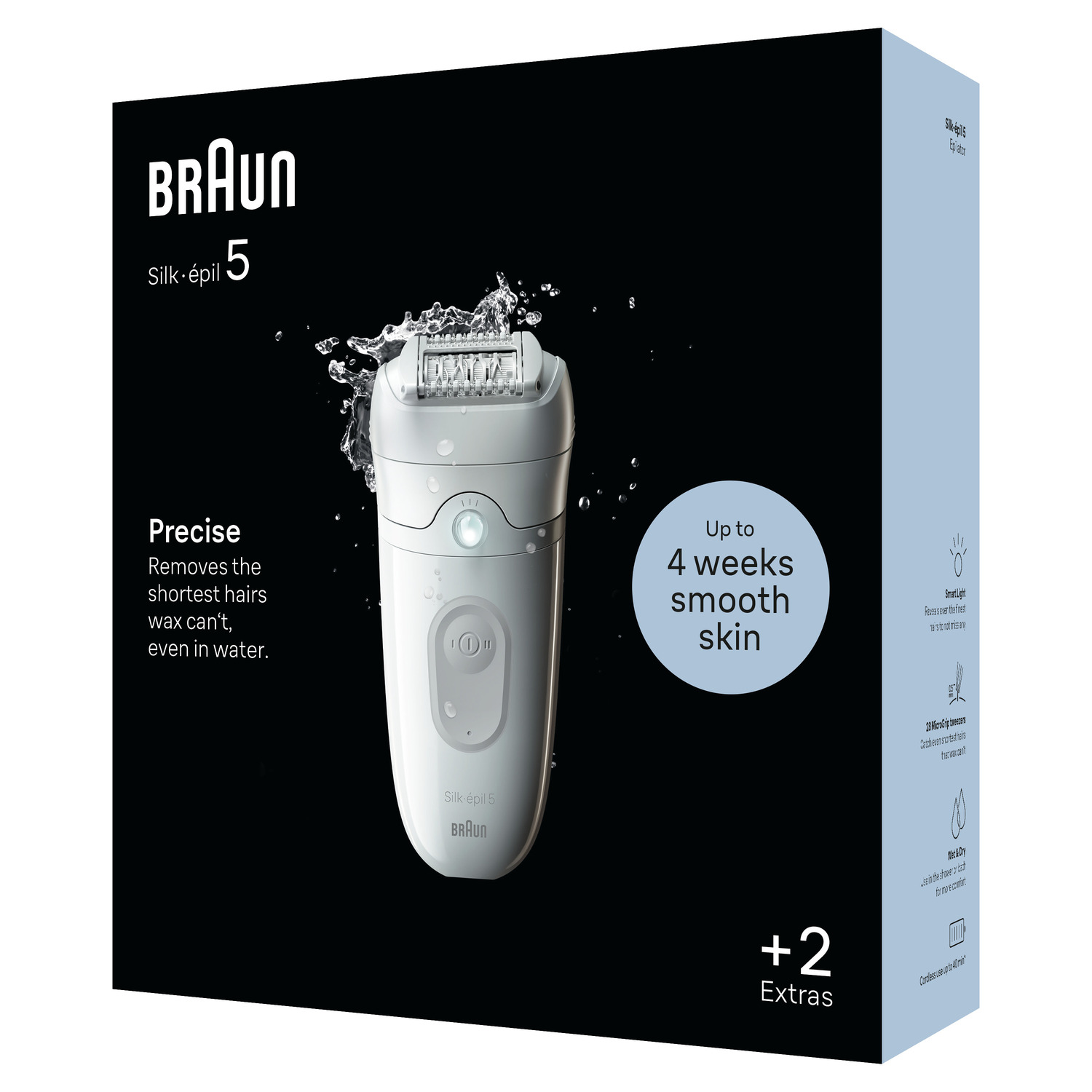 A product box with a Silk-épil 5 epilator and text describing its features.