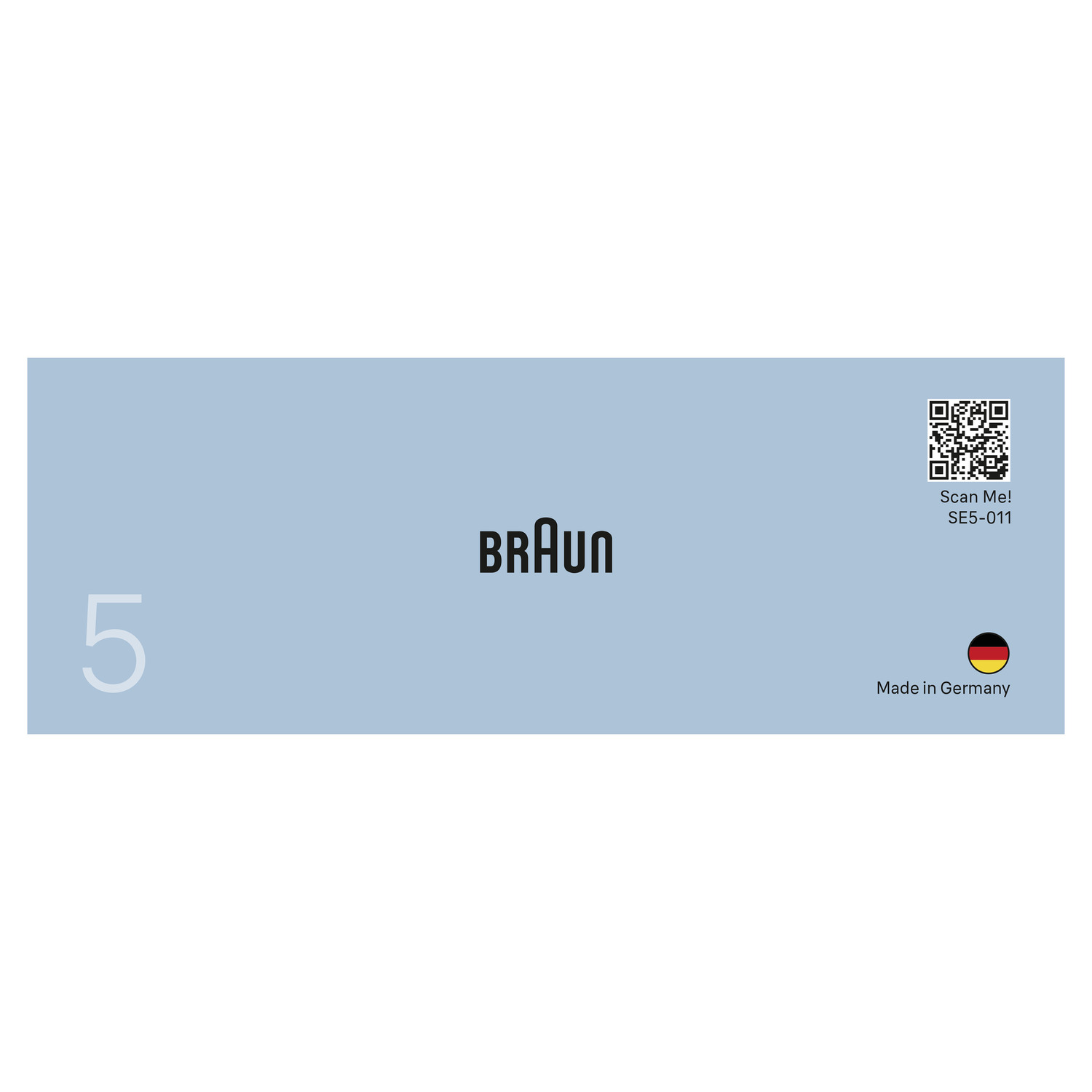 A light blue card with the Braun logo. The text says '5' and 'Made in Germany' with a German flag.