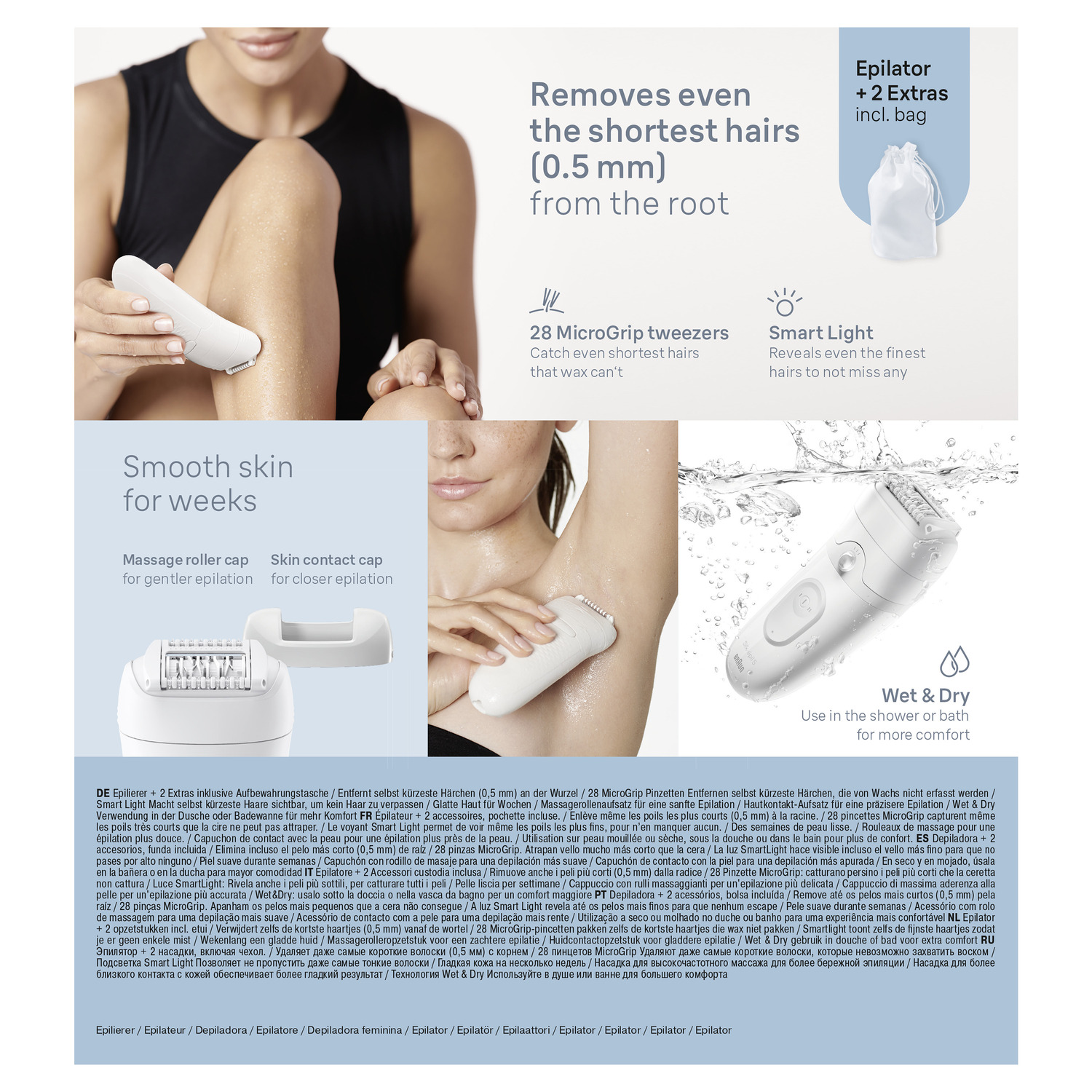 White epilator with accessories. A woman is using it on her leg. Text in multiple languages.