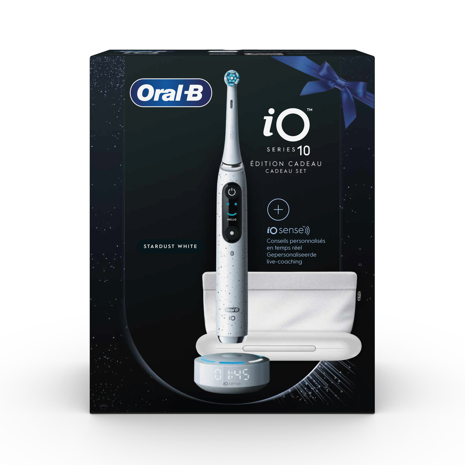 Ensemble de brosses à dents Oral-B blanches. Contient une brosse à dents, un chargeur et un étui de voyage. Fond noir.