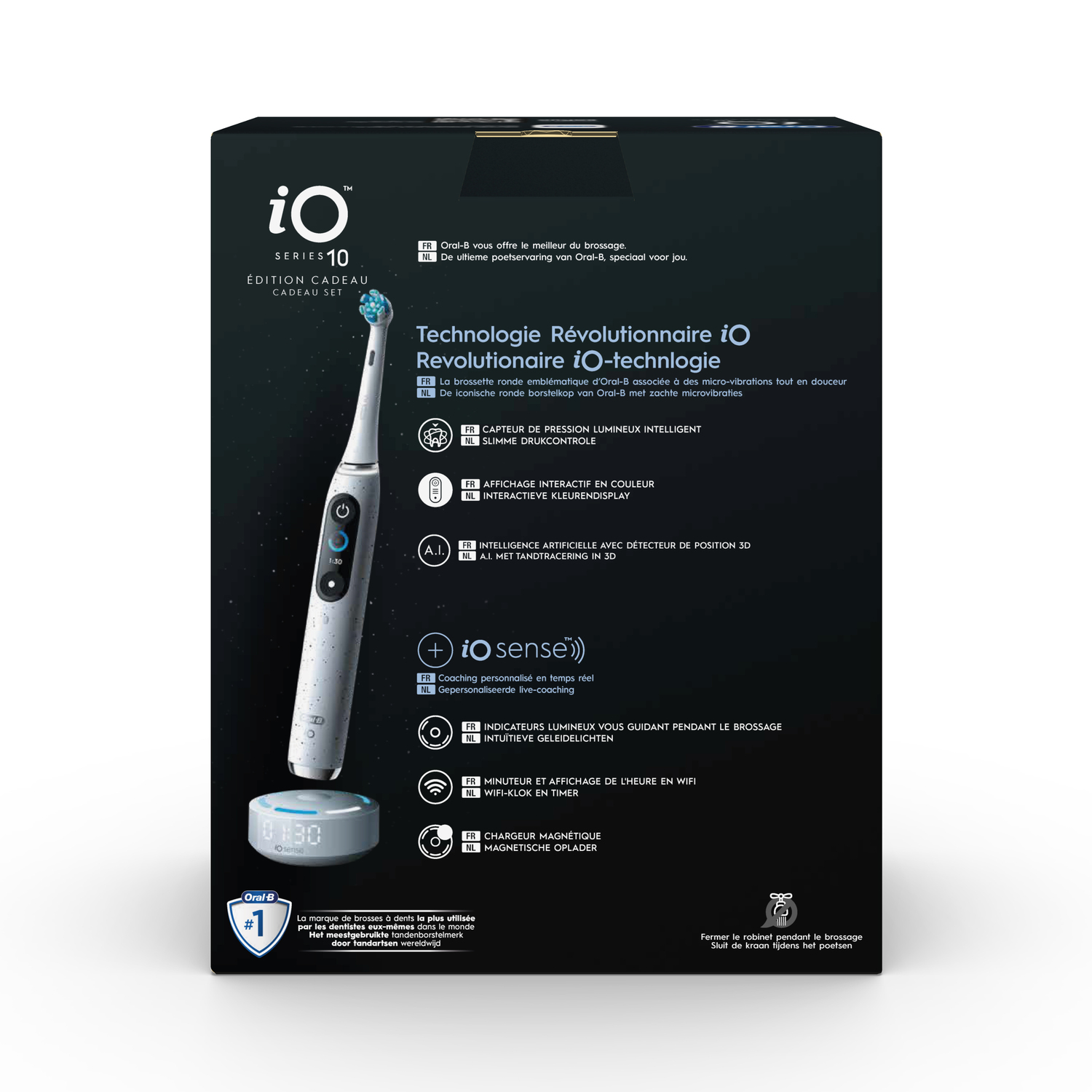 Brosse à dents électrique Oral-B iO Series 10 avec socle de charge et étui.