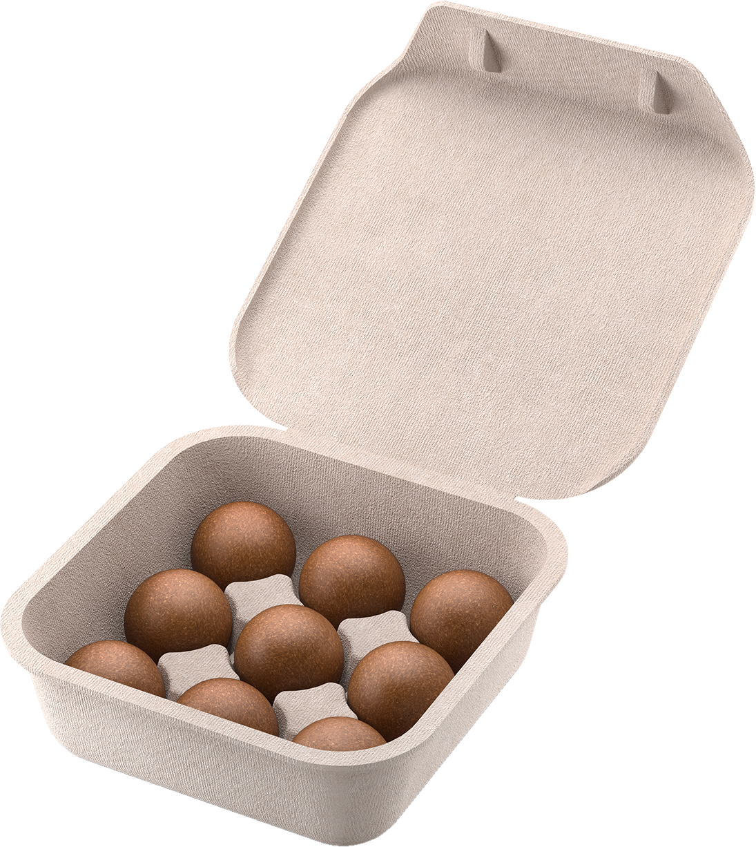 Boîte à œufs en carton, ouverte, contenant 9 bonbons ronds bruns.