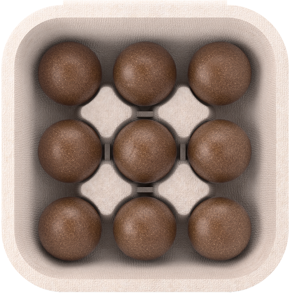Bonbons au chocolat ronds et bruns dans une boîte à œufs en carton beige.