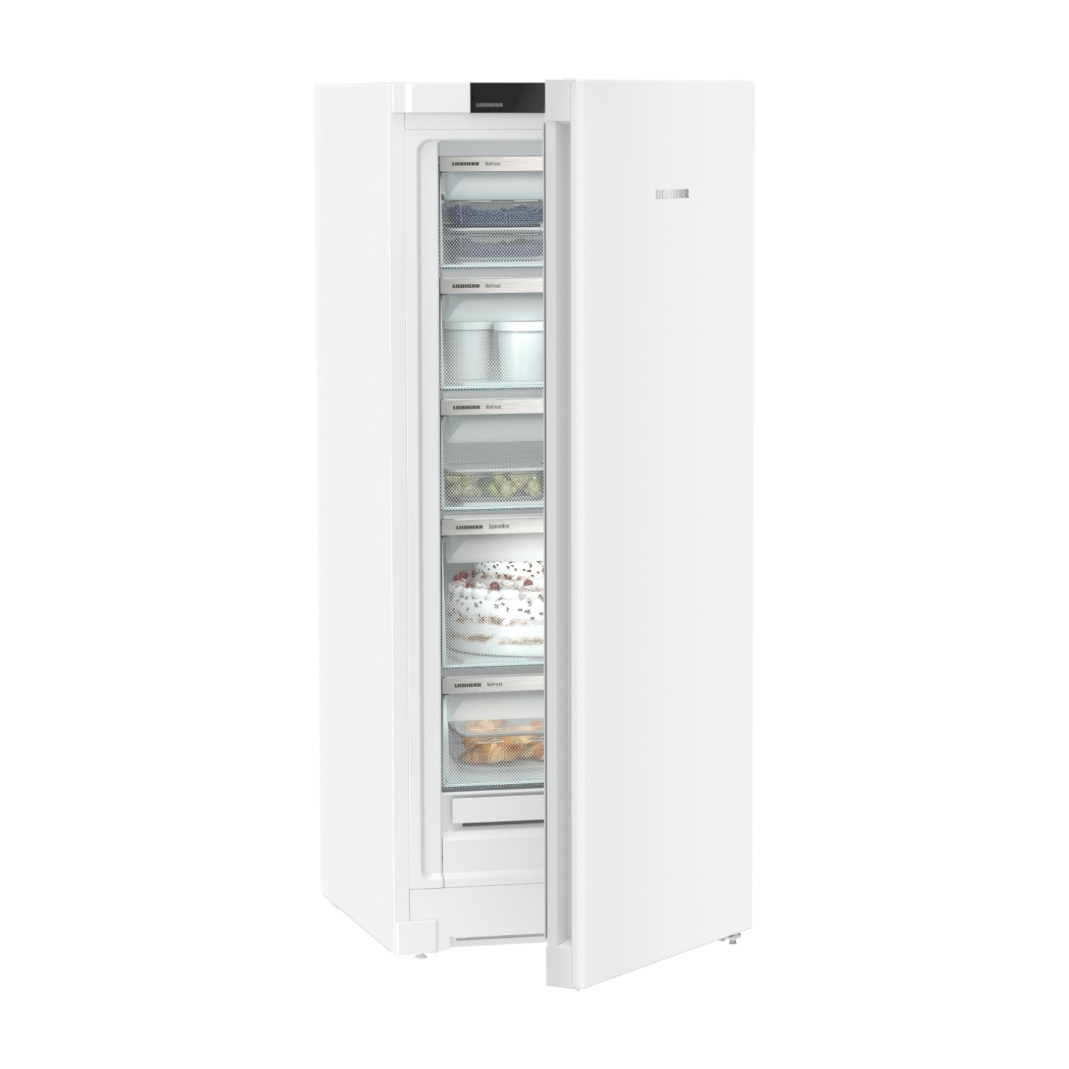 Frigorifero bianco con porta aperta, mostra ripiani e contenuto. Logo 'LIEBHERR'.