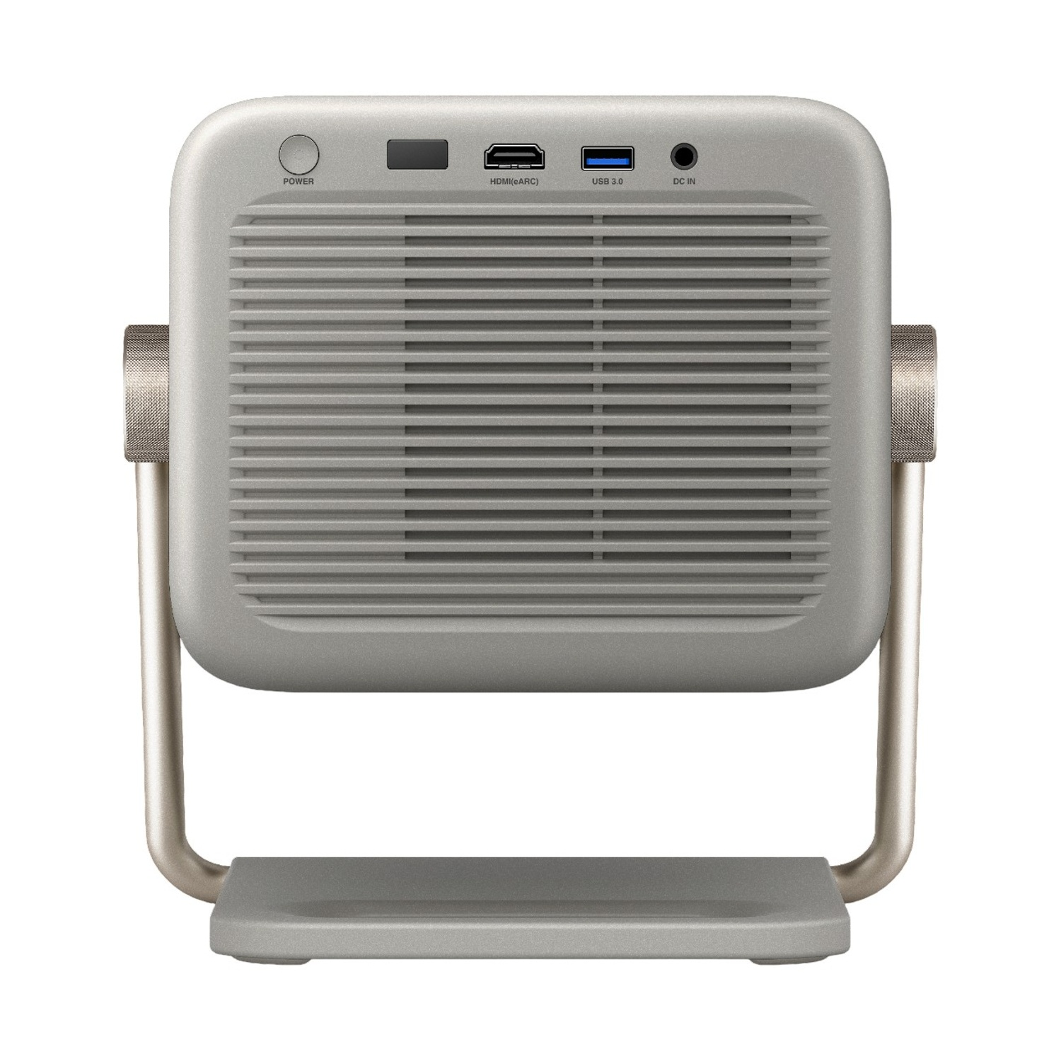 Proiettore grigio con ventilazione, porte e supporto. Maniglia argentata. Sfondo bianco.