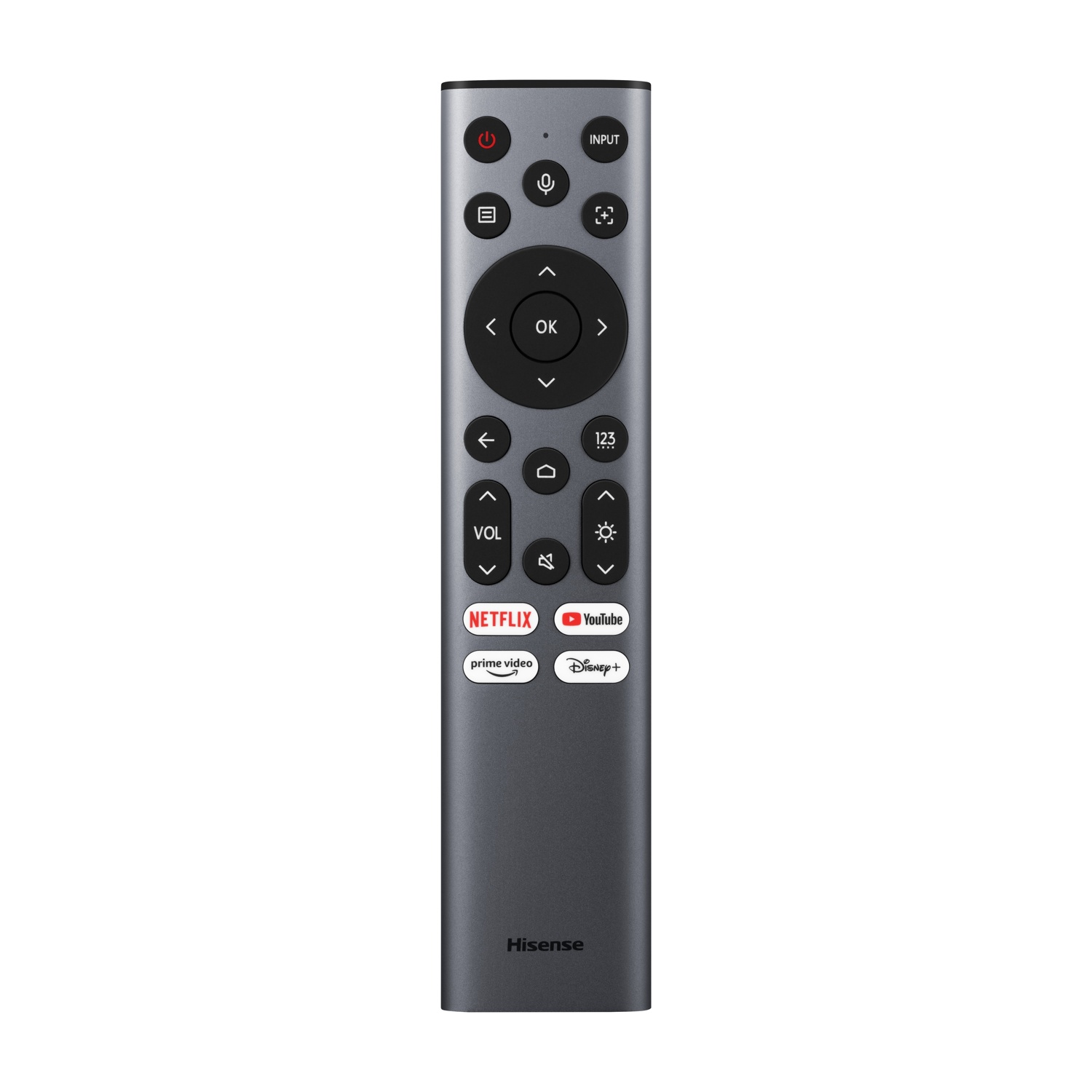 Un telecomando grigio scuro con molti pulsanti, tra cui Netflix e YouTube. Sfondo bianco.