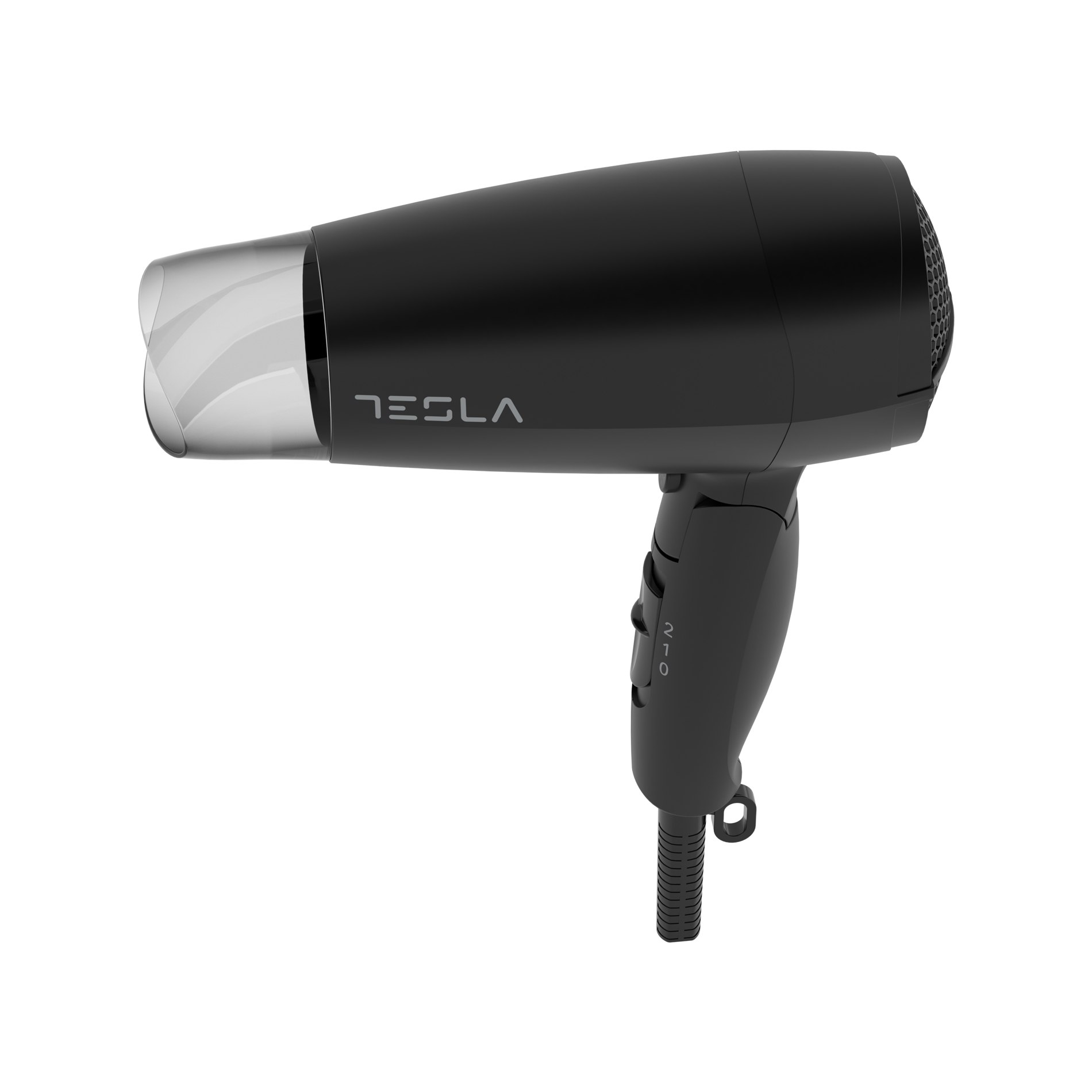 Fekete hajszárító átlátszó fúvókával, Tesla márkanévvel, fehér háttérrel.