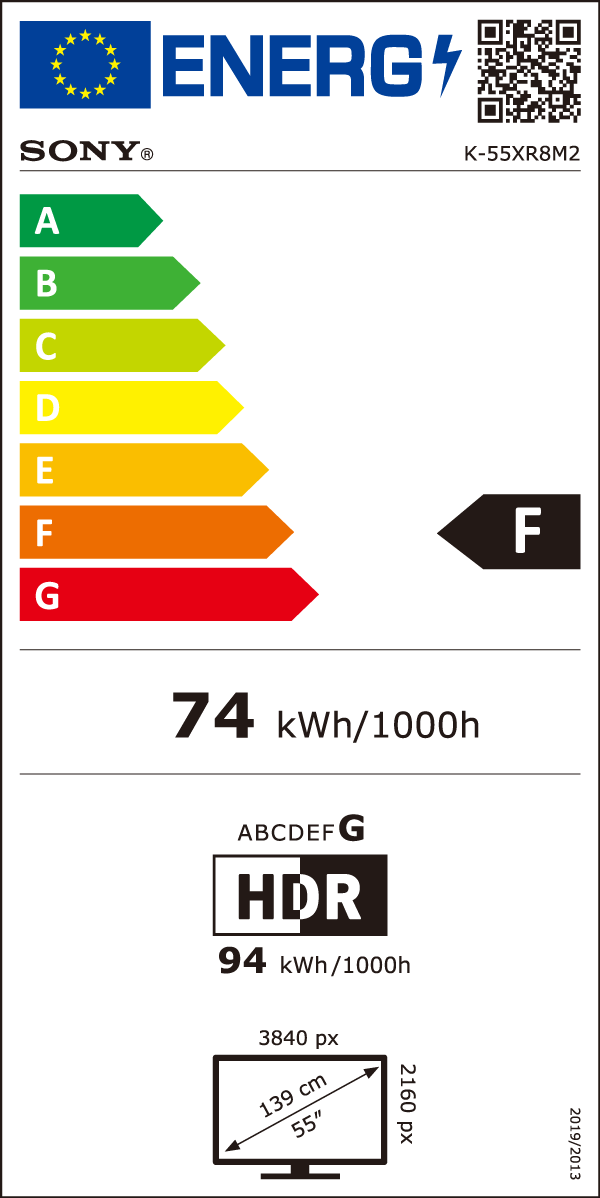 Egy Sony TV energia címkéje, amely az energiahatékonysági besorolásokat és a fogyasztást mutatja.