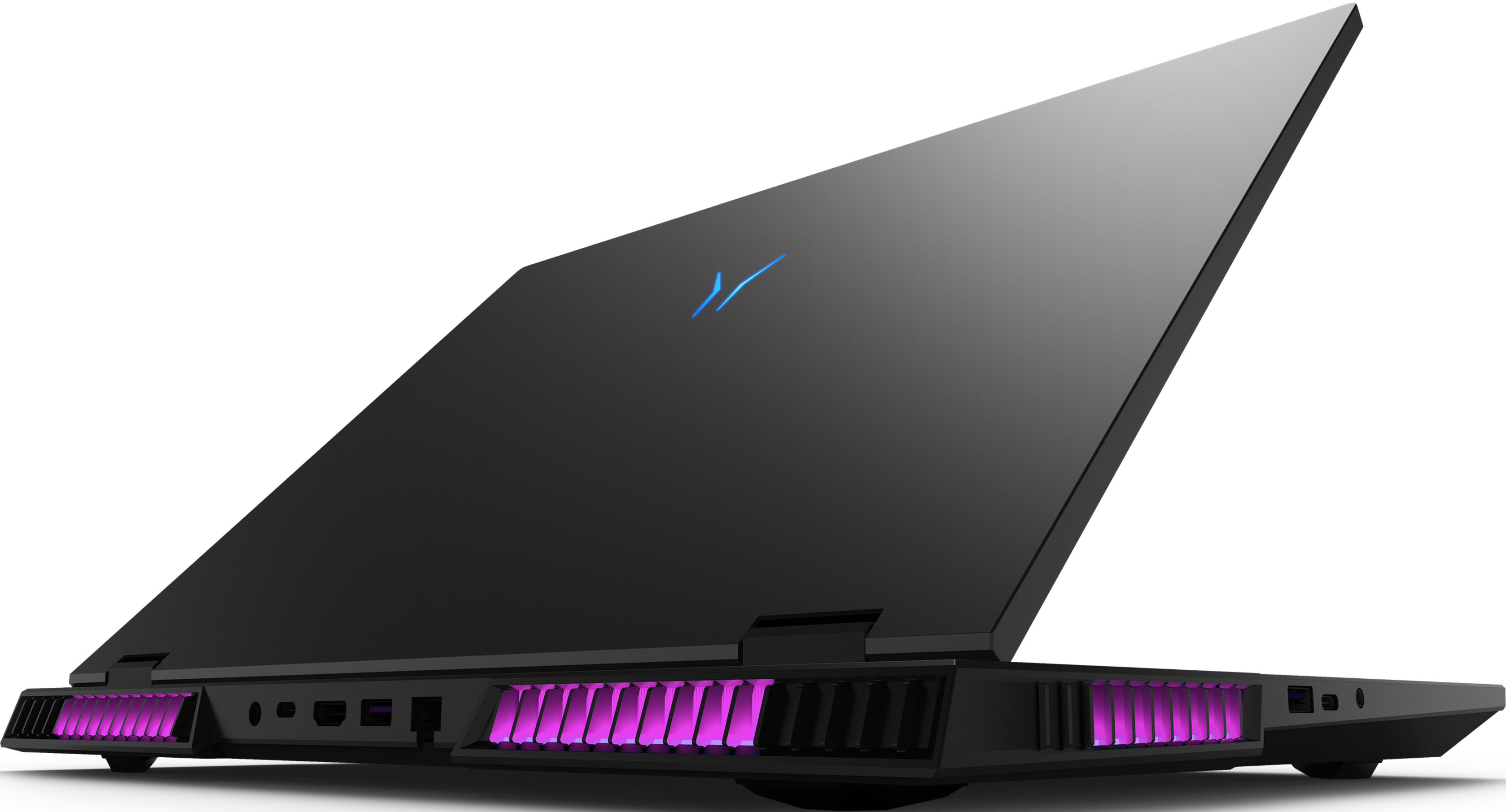 Laptop nero, vista posteriore. Il laptop ha luci viola.