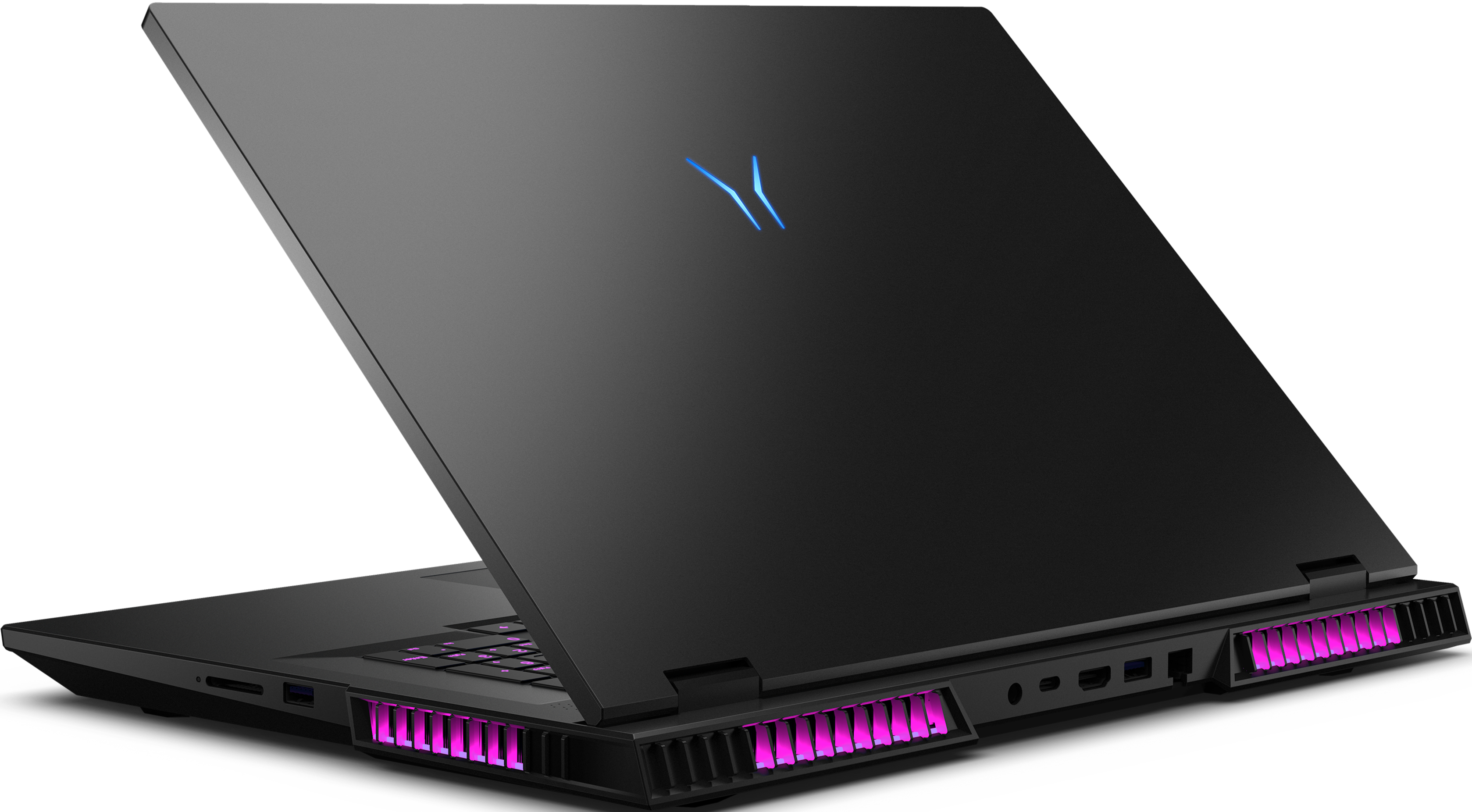 Laptop nero, chiuso, vista posteriore. Prese d'aria illuminate, luci rosa, logo blu.