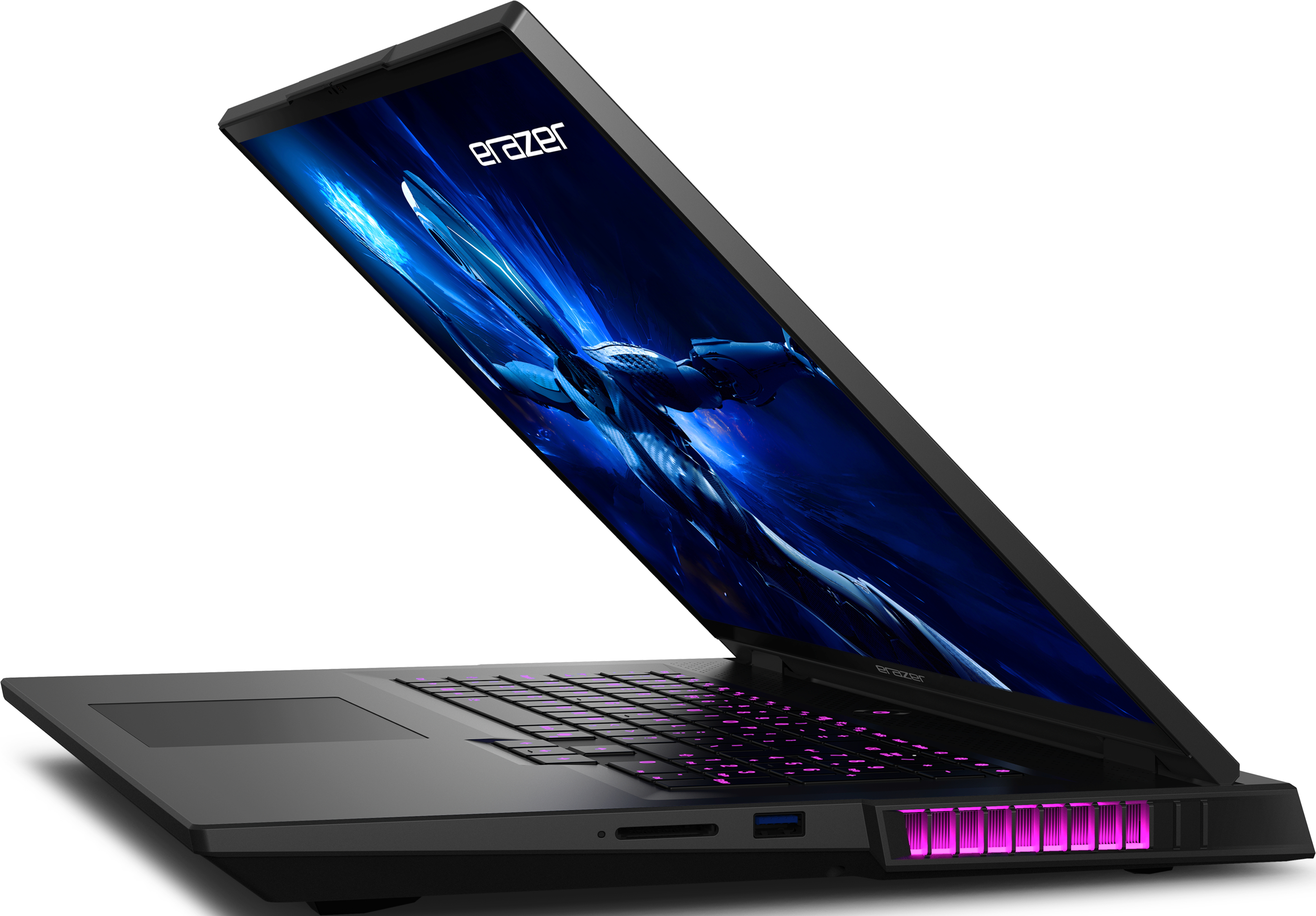 Laptop nero, aperto, con immagine fantascientifica. Tastiera con retroilluminazione rosa visibile.