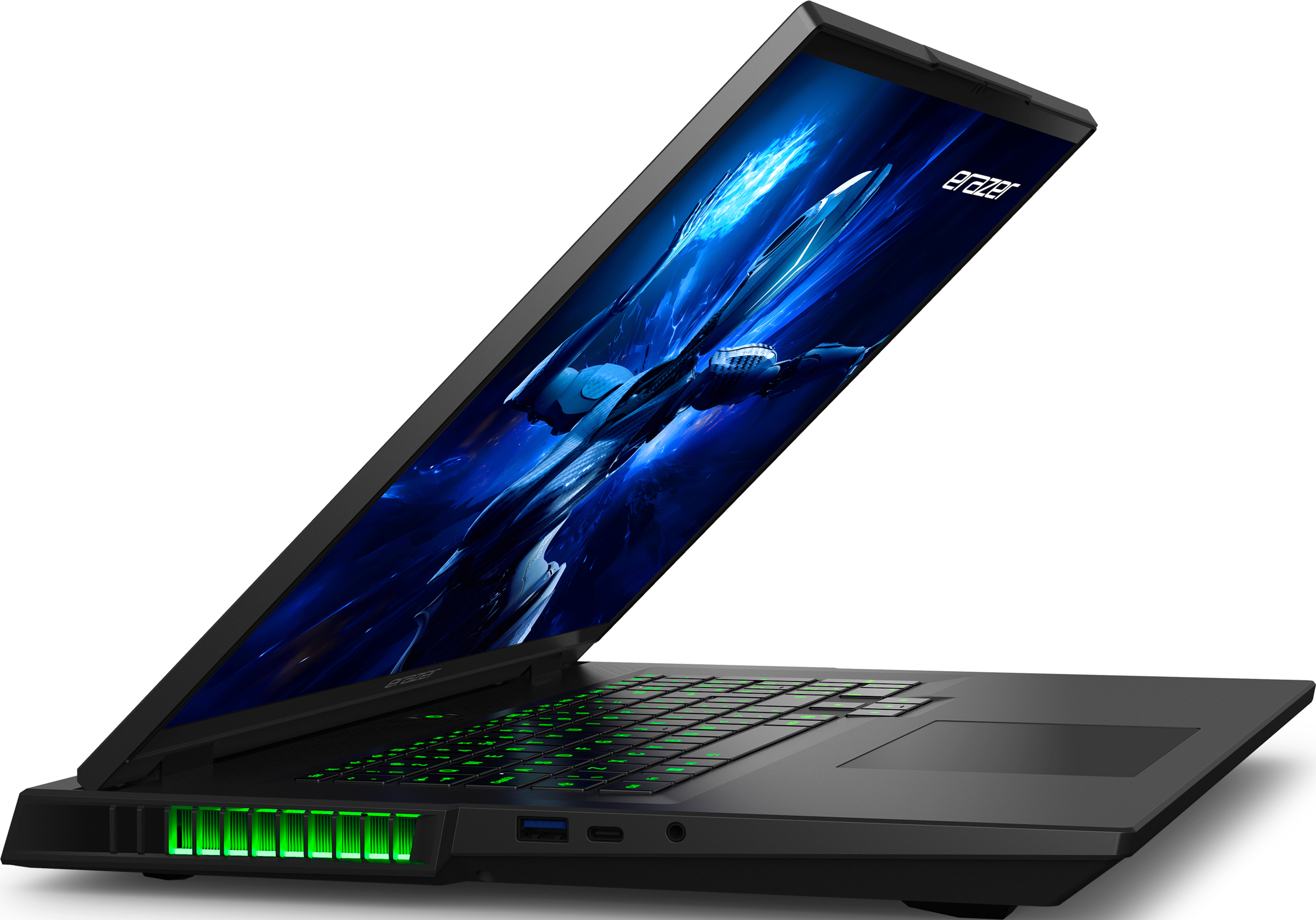 Schwarzer Laptop, Seitenansicht, mit grün beleuchteter Tastatur. Sci-Fi-Bild.