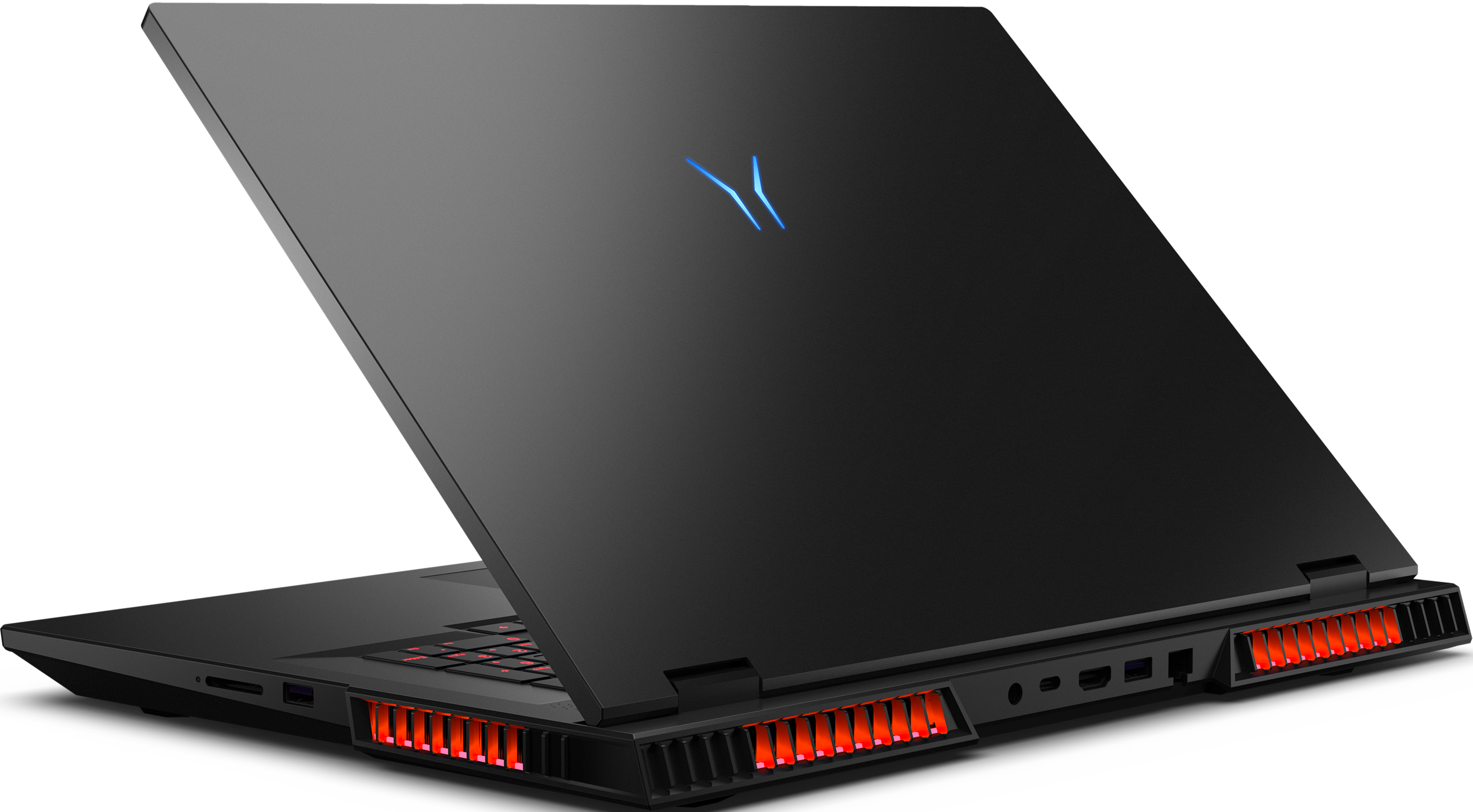 Laptop nero, vista posteriore, parzialmente aperto. Prese d'aria rosse e logo blu sopra.