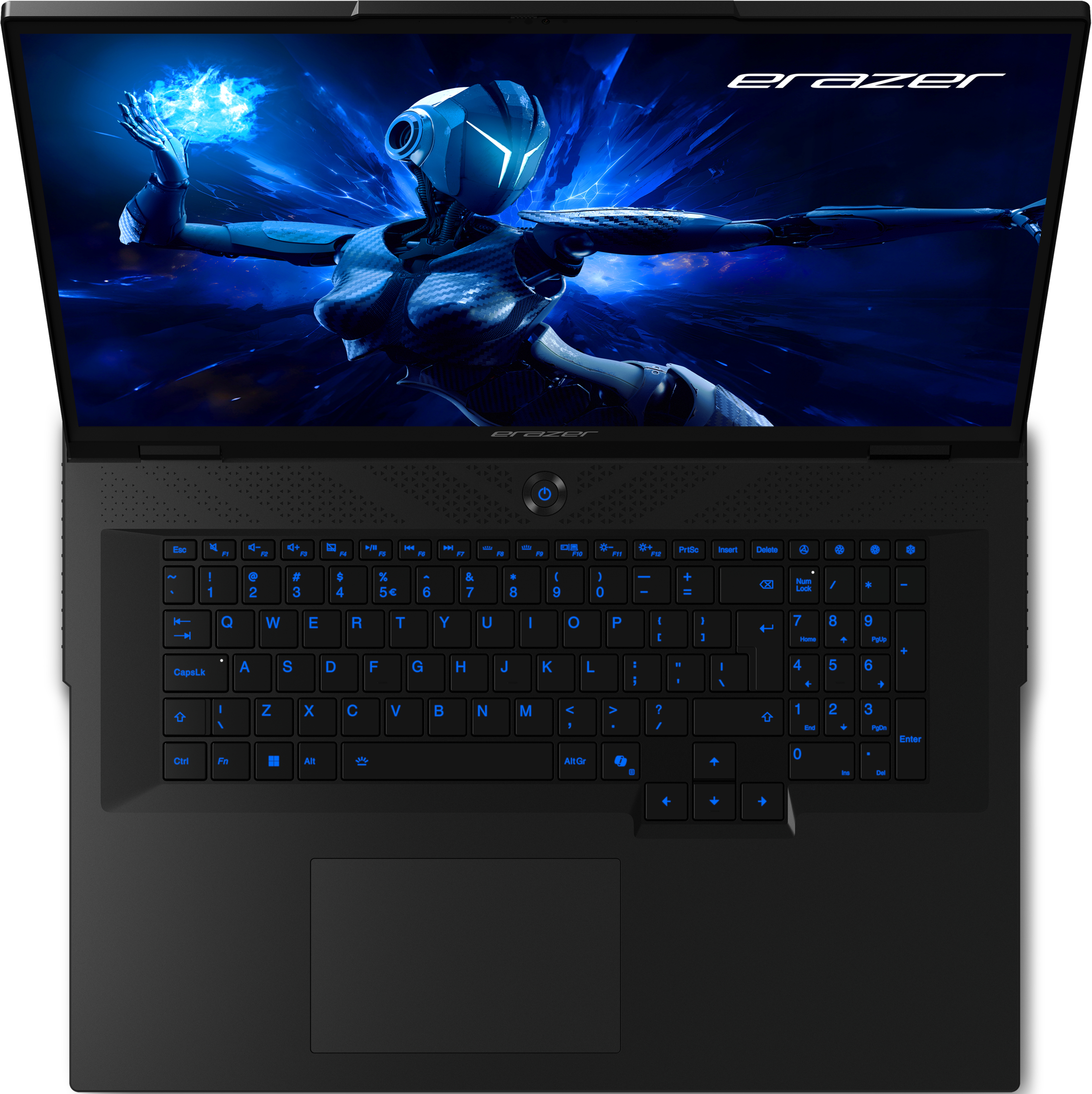 Schwarzer Laptop, Draufsicht, blau beleuchtete Tasten. Der Bildschirm zeigt ein Sci-Fi-Bild.