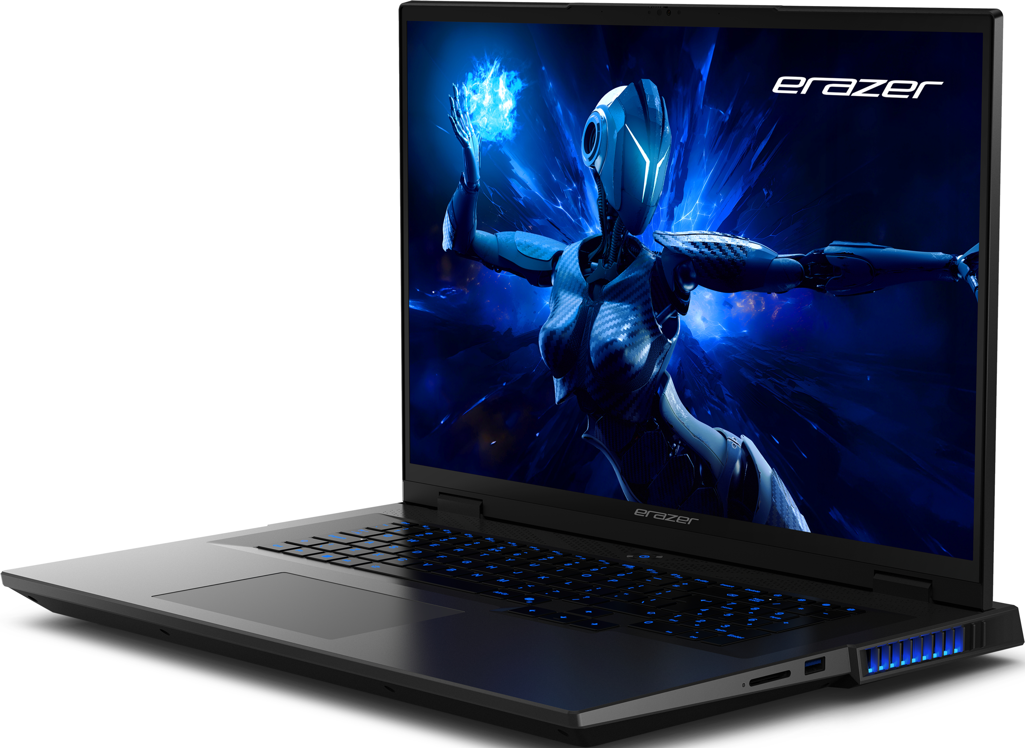 Laptop mit Roboterbild. Blaue Tastaturbeleuchtung. Schwarzes Gehäuse.