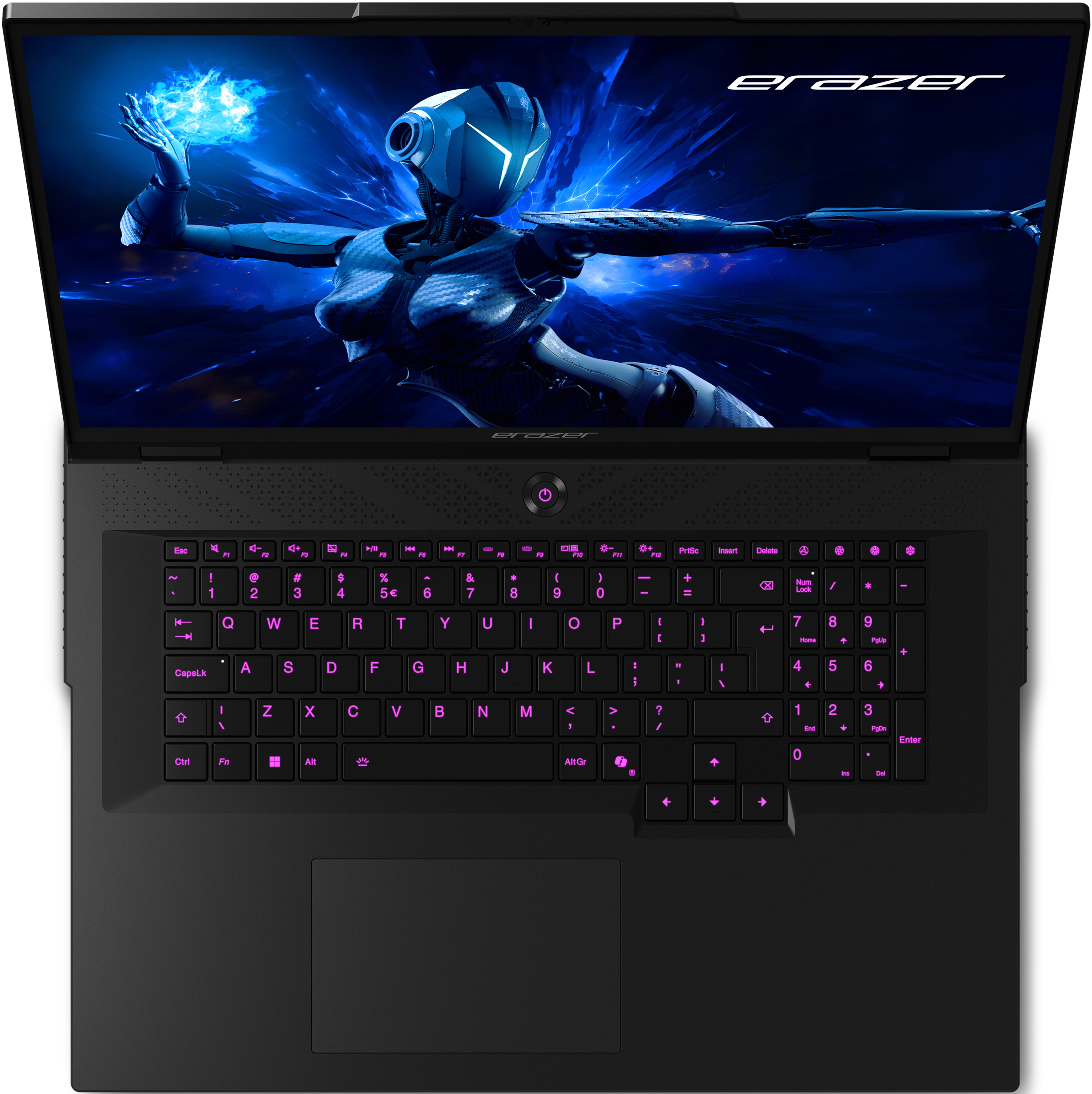 Laptop con immagine di robot. Tastiera retroilluminata rosa. Scocca nera.
