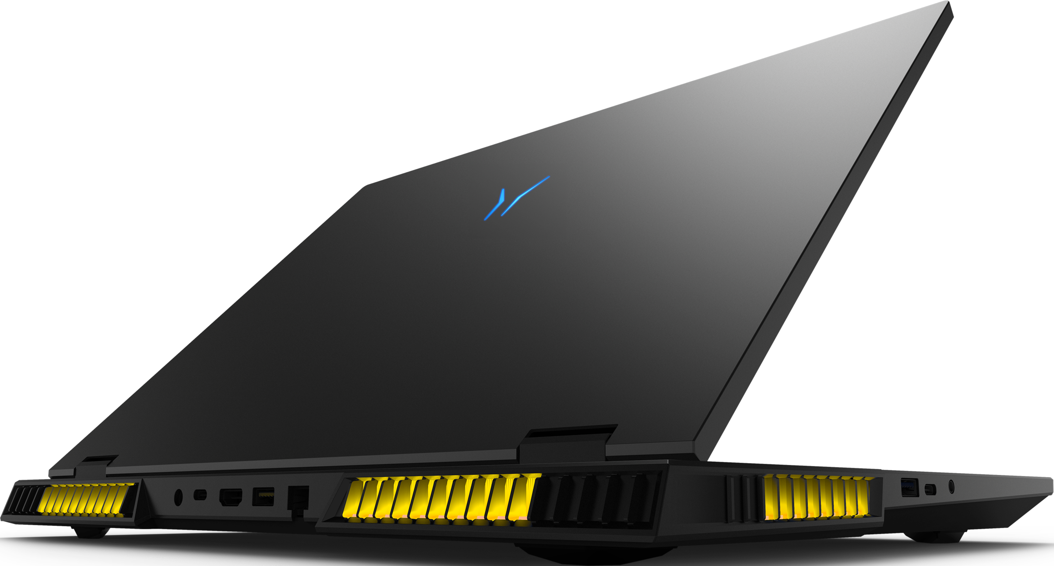 Schwarzer Laptop, Rückansicht, teilweise geöffnet. Gelb beleuchtete Lüfter und blaues Logo oben.