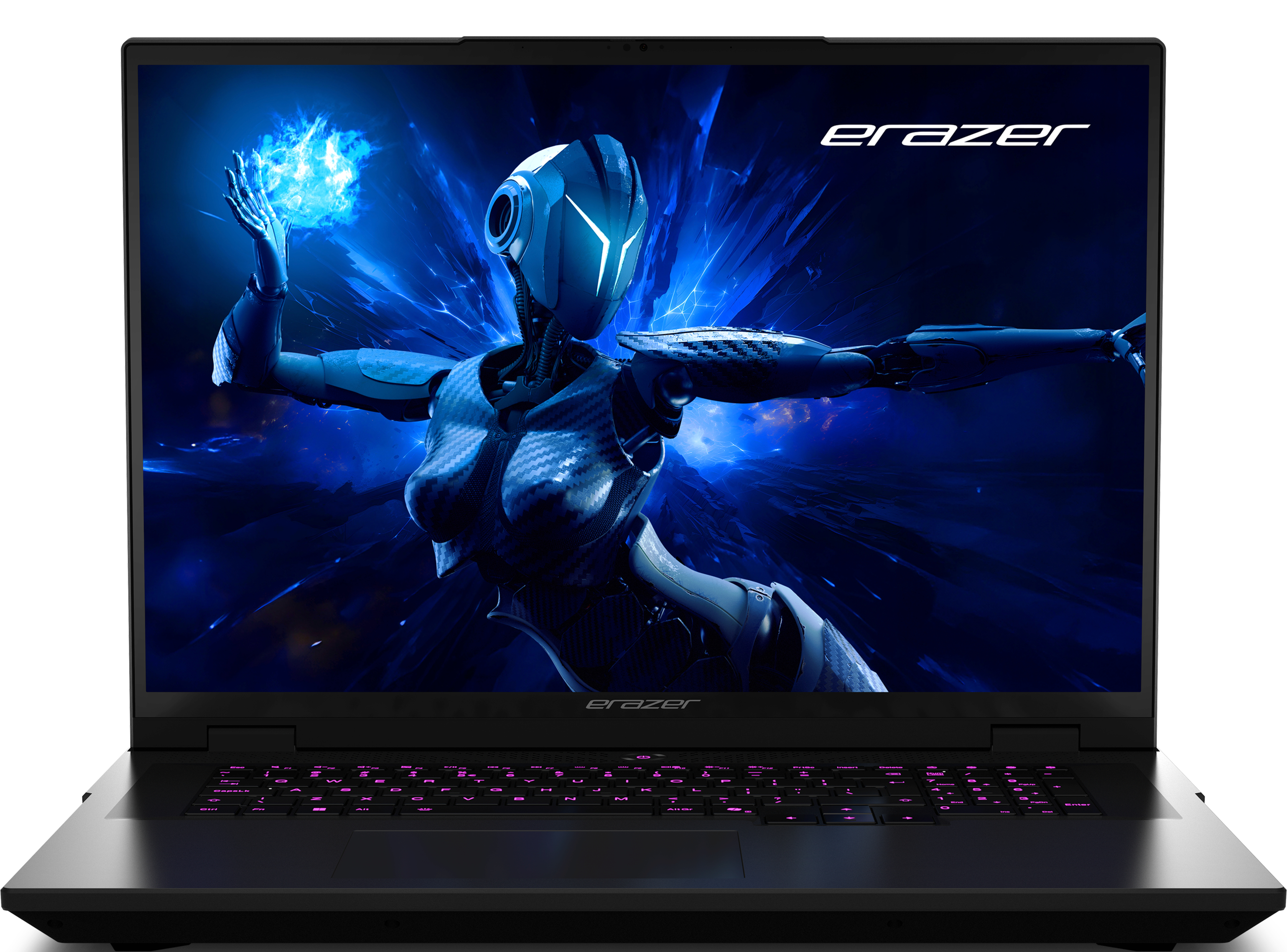 Laptop nero con figura futuristica sullo schermo.