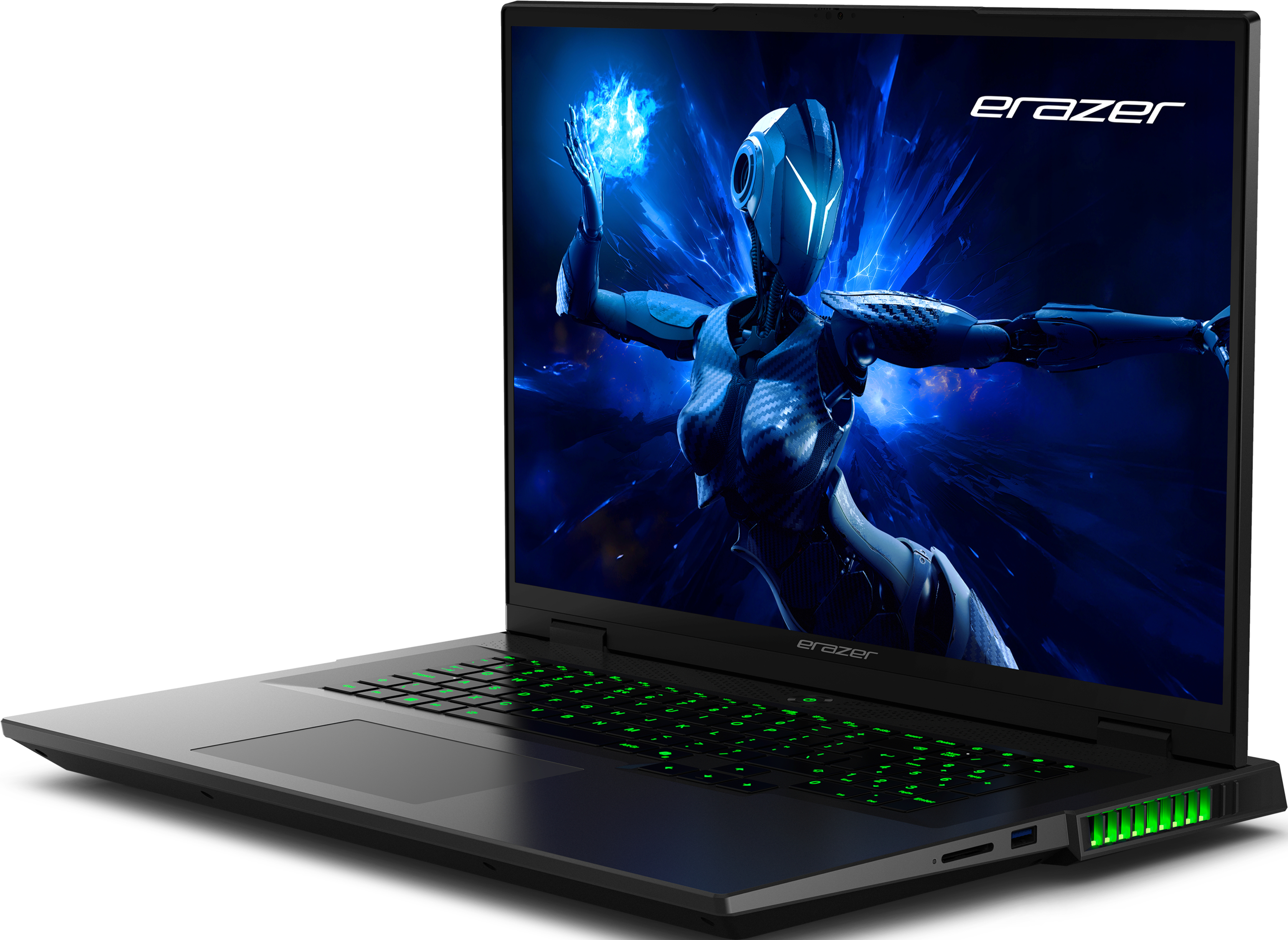 Schwarzer Laptop mit Sci-Fi-Bildschirm, grün beleuchtete Tastatur. Seitenansicht.