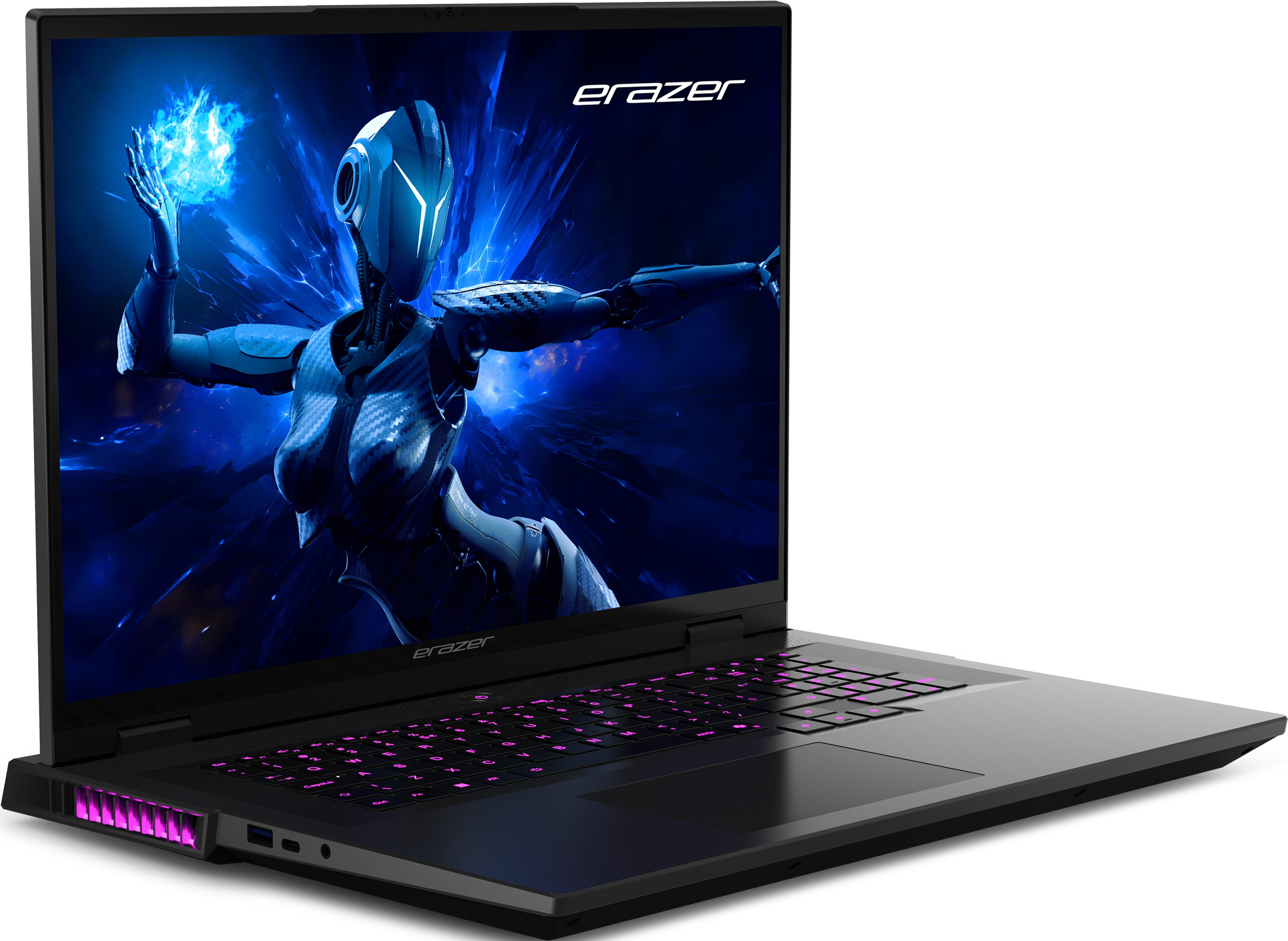 Laptop mit Roboterbild. Pinke Tastaturbeleuchtung. Schwarzes Gehäuse.