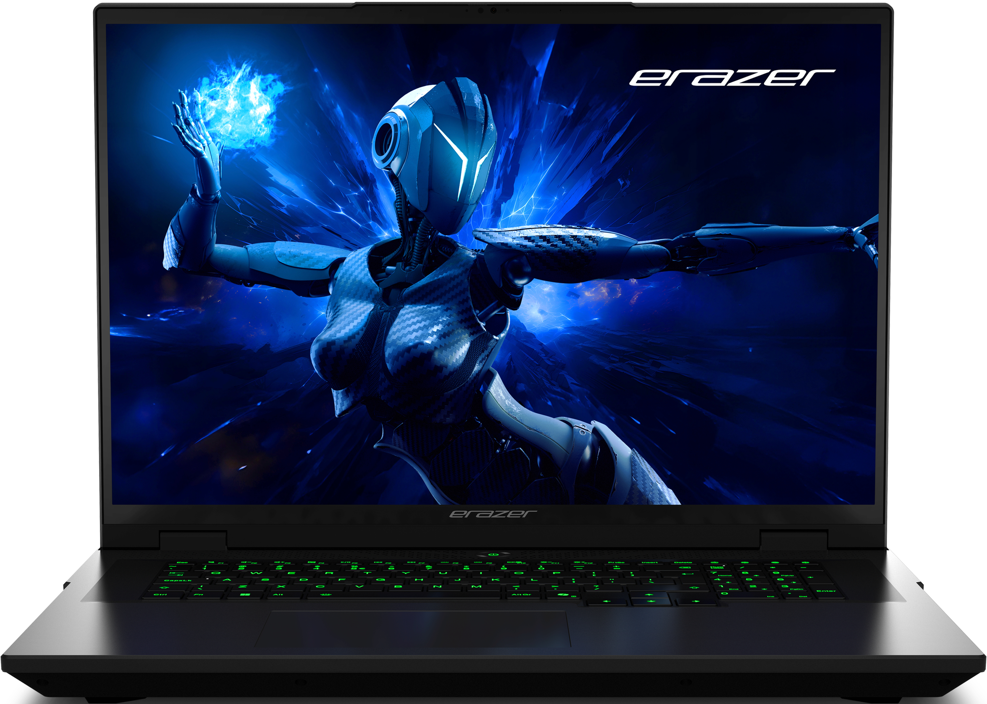 Laptop mit Roboterbild. Grüne Tastaturbeleuchtung. Schwarzes Gehäuse.