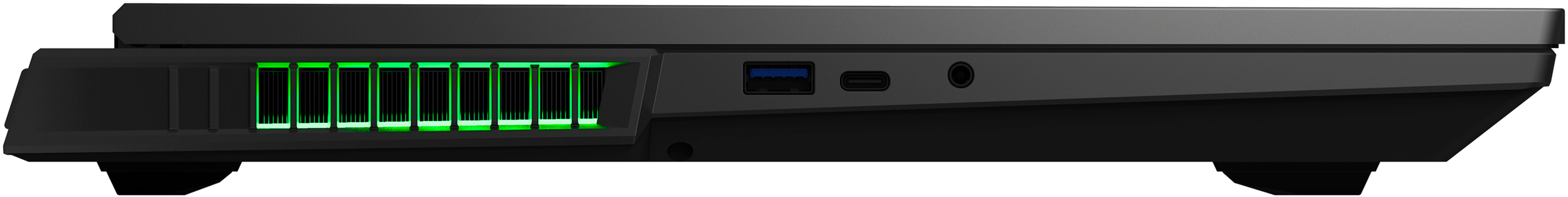 Seitenansicht eines schwarzen Laptops mit grünen Lichtern.