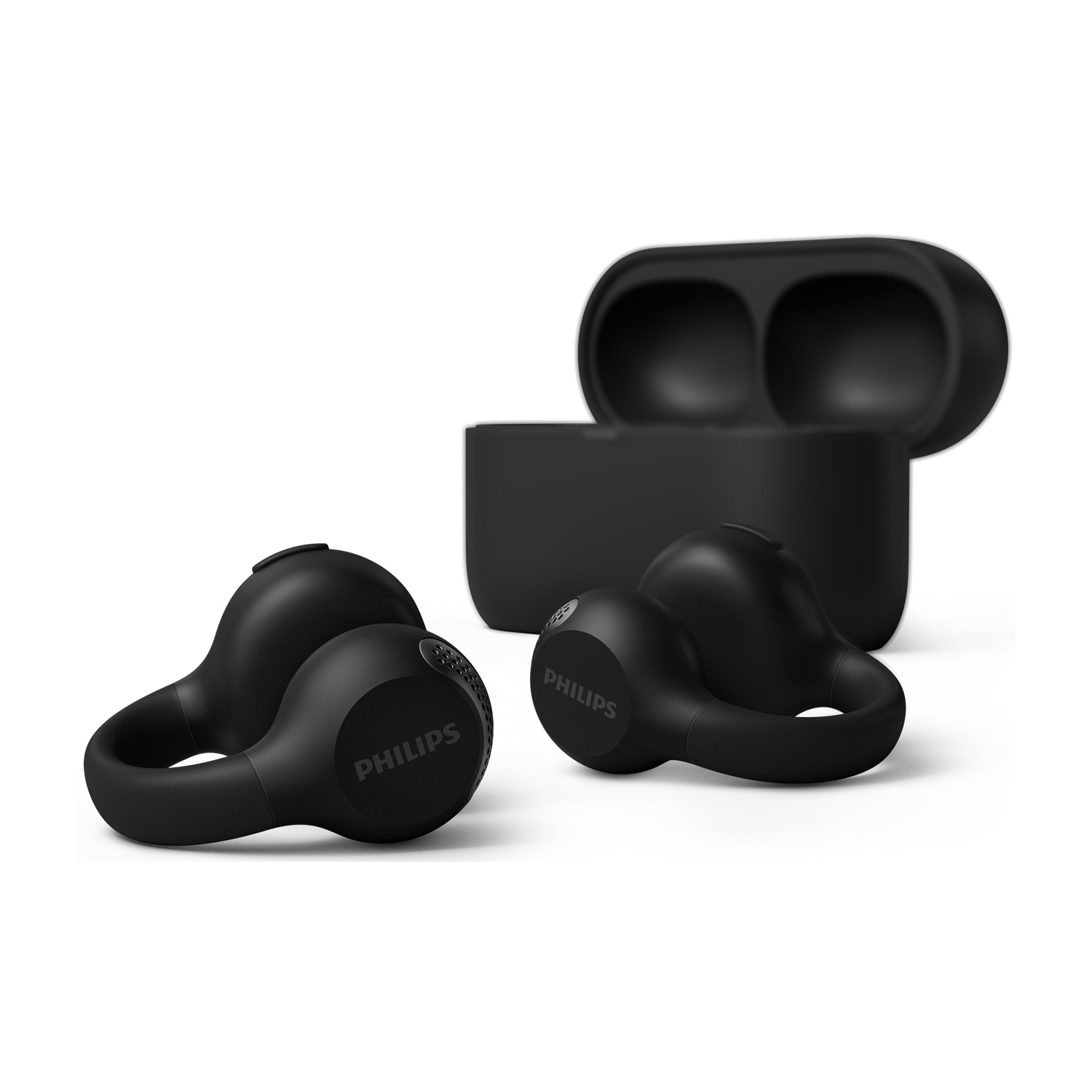 Auricolari Philips neri con custodia di ricarica. Auricolari davanti alla custodia aperta, su sfondo bianco.