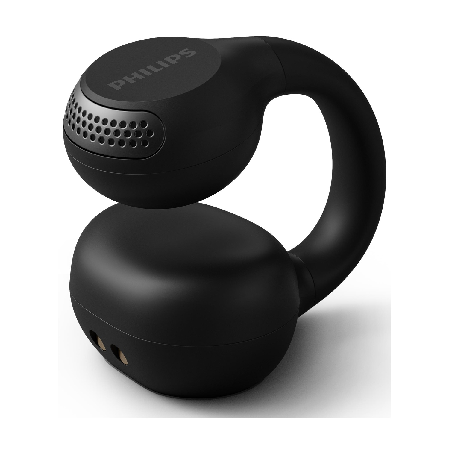 Dispositivo audio Philips nero dal design circolare. Ha un altoparlante e un'impugnatura. Lo sfondo è bianco.