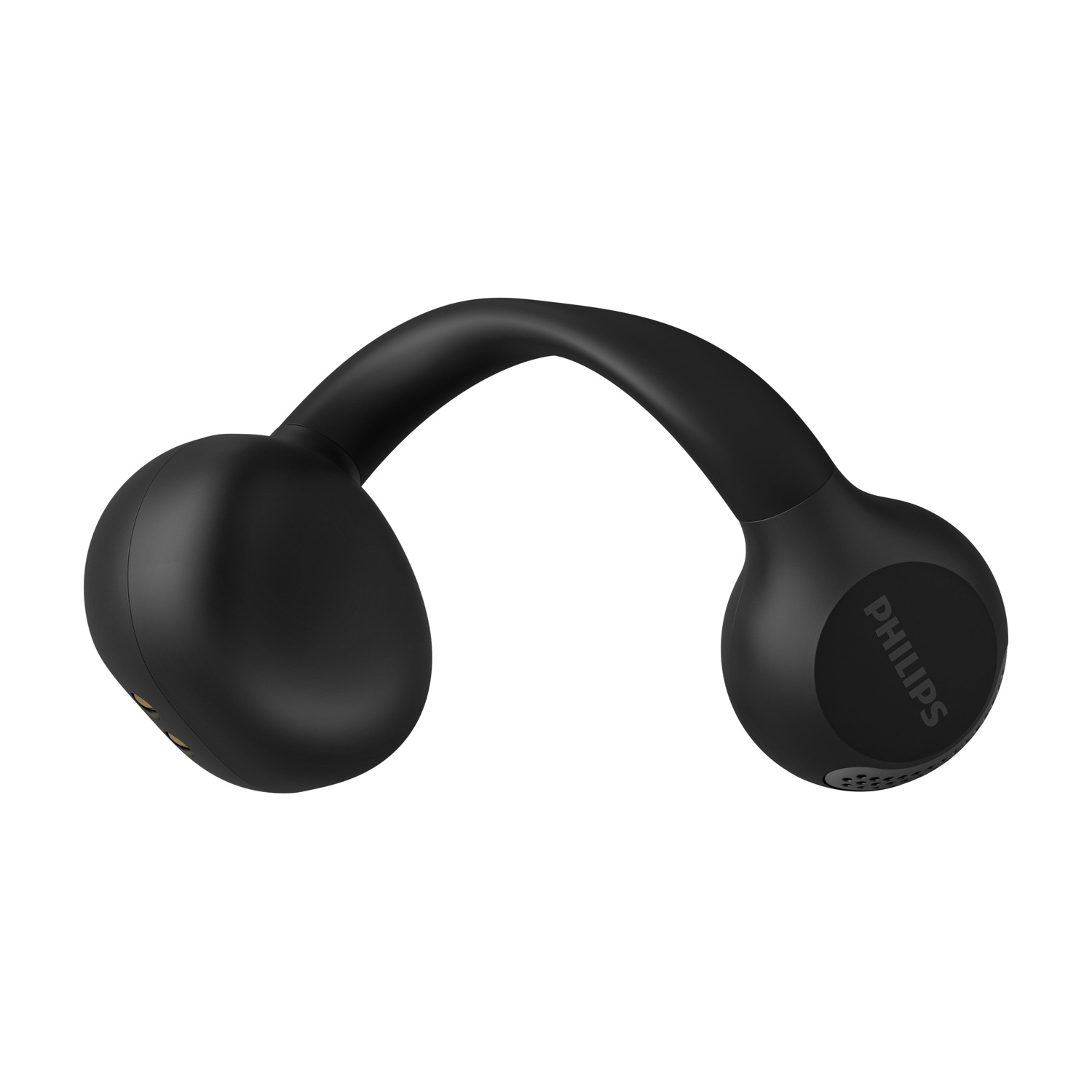 Cuffie a conduzione ossea Philips nere. Padiglioni auricolari ovali e un archetto curvo. Il prodotto è su sfondo bianco.