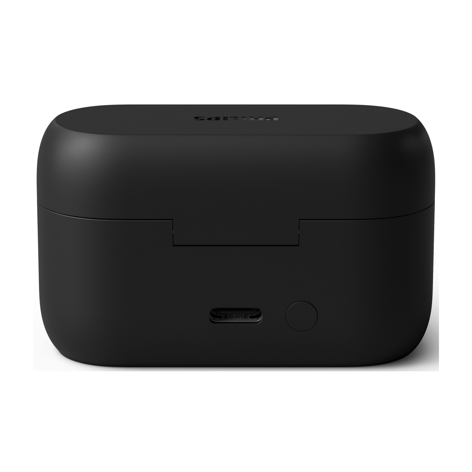 Custodia di ricarica per auricolari nera. Ha una porta USB-C e un pulsante sulla parte anteriore. Il nome del marchio è in alto.