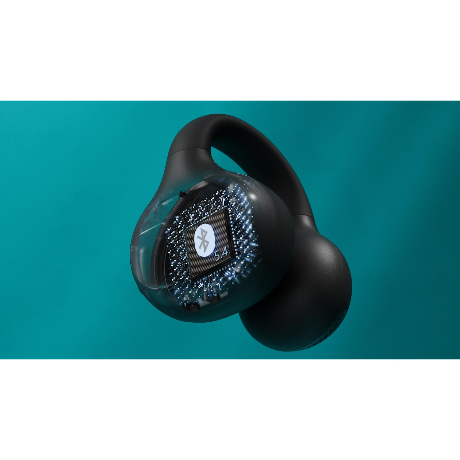 Cuffie wireless nere con sezione trasparente che rivela i componenti interni. Logo Bluetooth 5.4 visibile. Sfondo turchese.