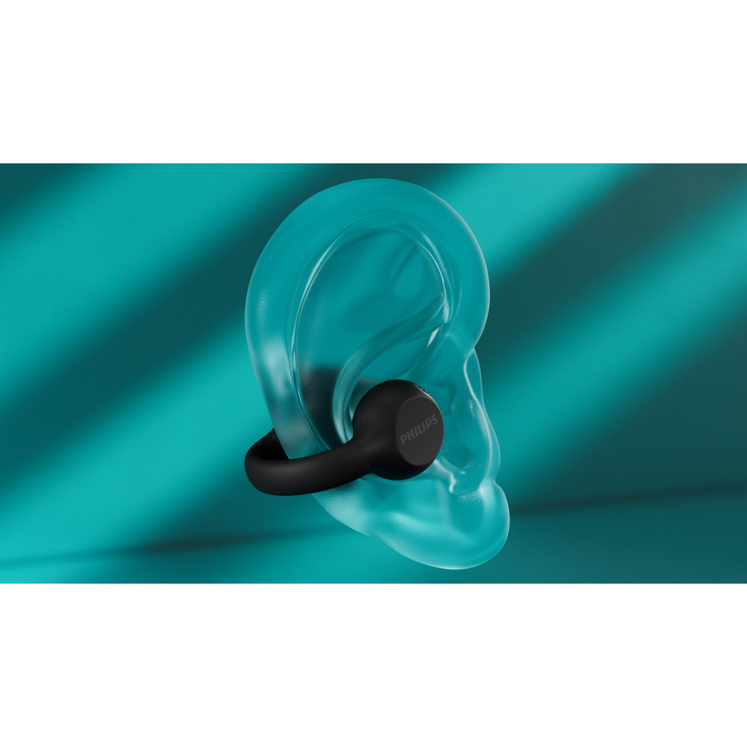 Un auricolare Philips nero su un modello di orecchio trasparente, su sfondo turchese con ombre di luce.