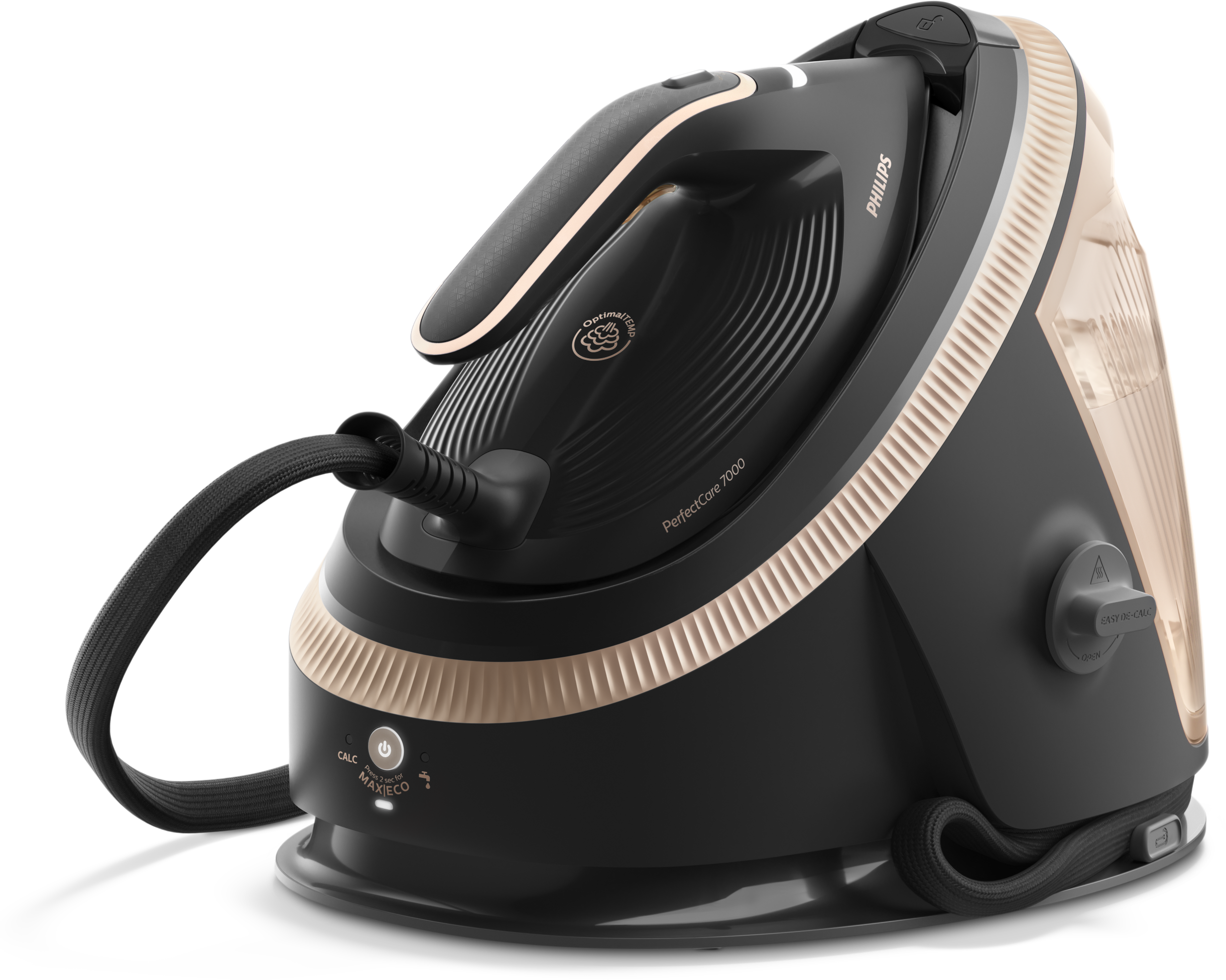 Fekete és arany Philips PerfectCare 7000 vasaló. A fogantyú fekete. Fekete alapja van.