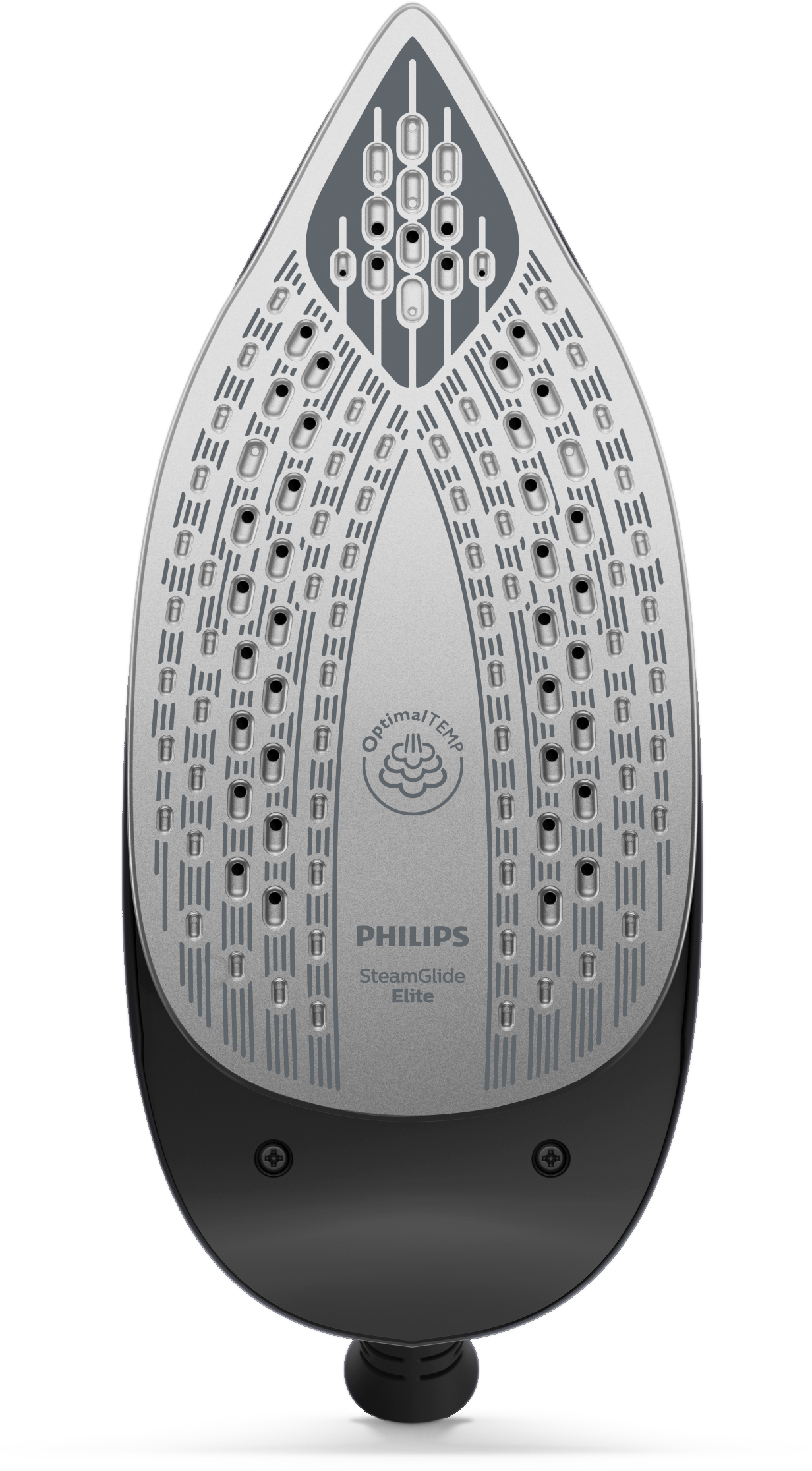 Egy szürke-fekete Philips SteamGlide Elite vasaló közelképe, a talp kialakítását mutatva.