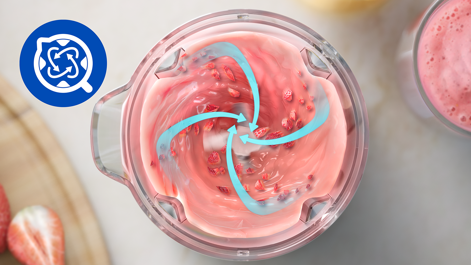 Felülnézet egy rózsaszín smoothie-t keverő turmixgépről, nyilakkal, amelyek a keverési irányt jelzik.
