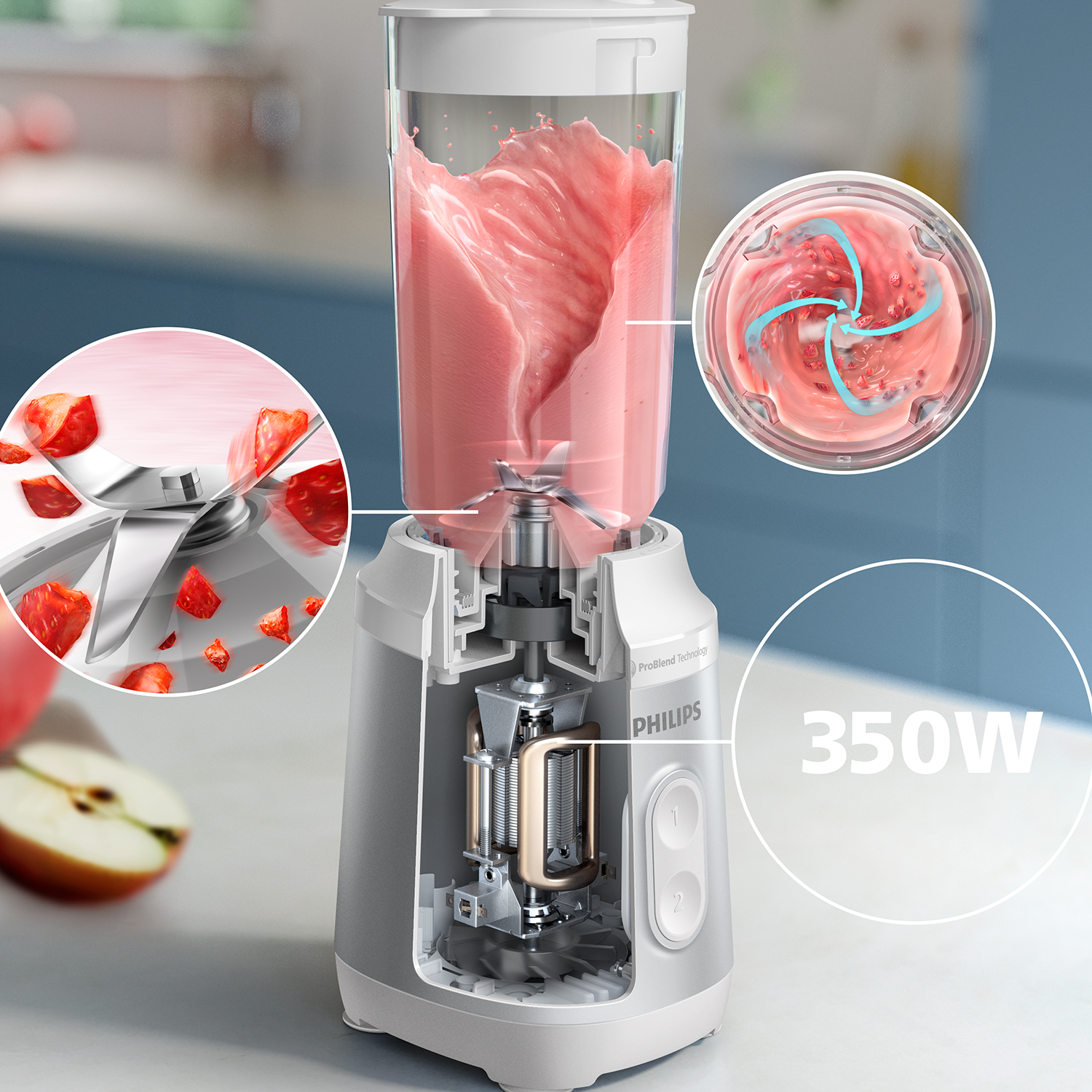 Philips turmixgép látható belsővel és hozzávalókkal. Késeket és forgást mutat.