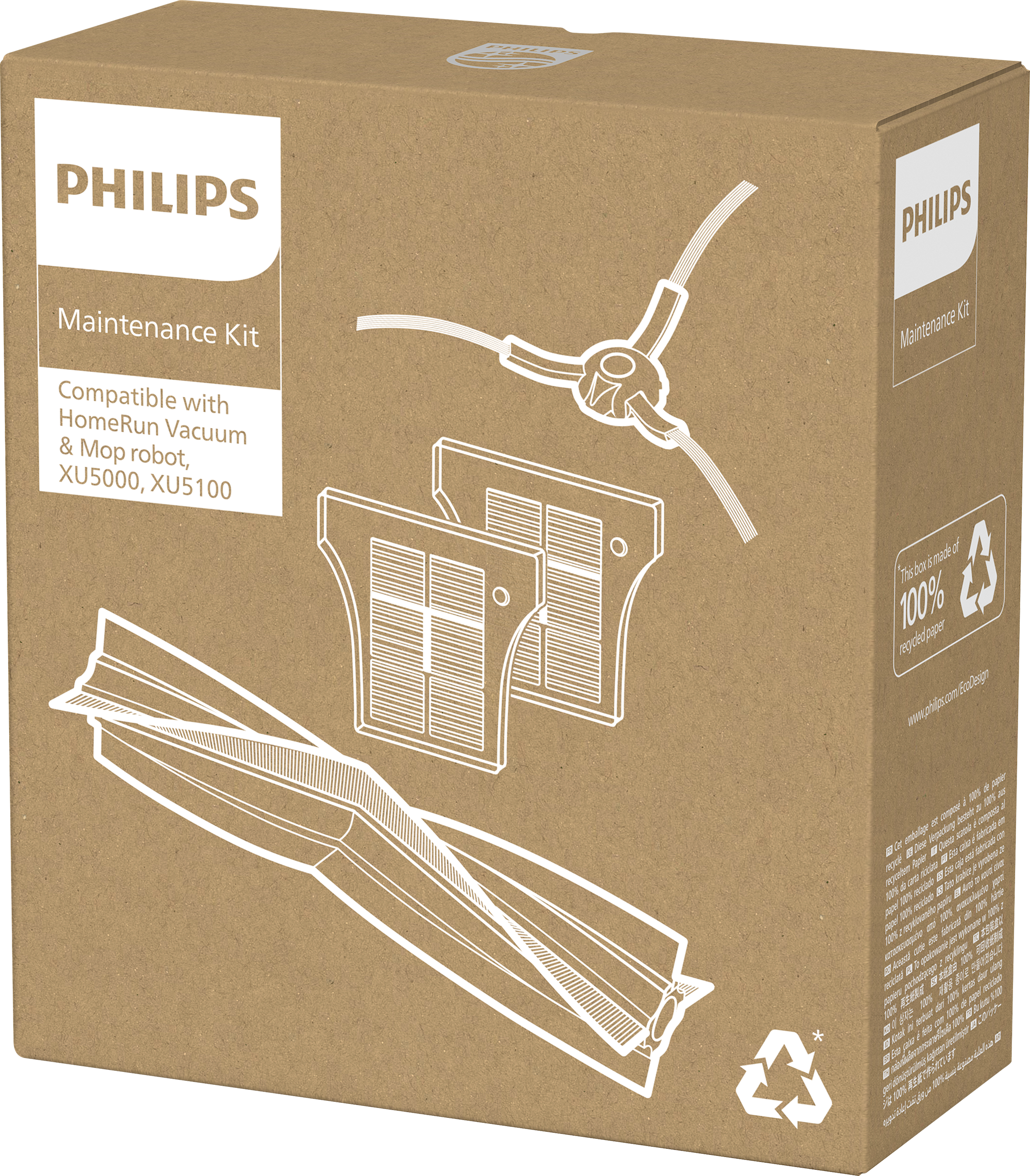 Kartondoboz Philips Maintenance Kit címkével. Robotporszívó alkatrészeket tartalmaz. Szöveg: '100% újrahasznosított'.