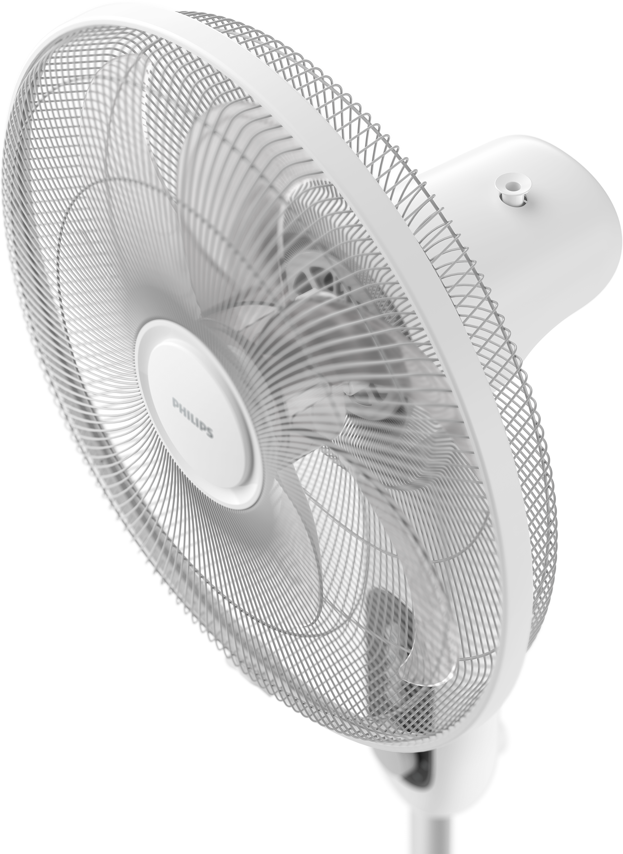 Egy fehér Philips ventilátor több pengével, szögből nézve, fehér állvánnyal.