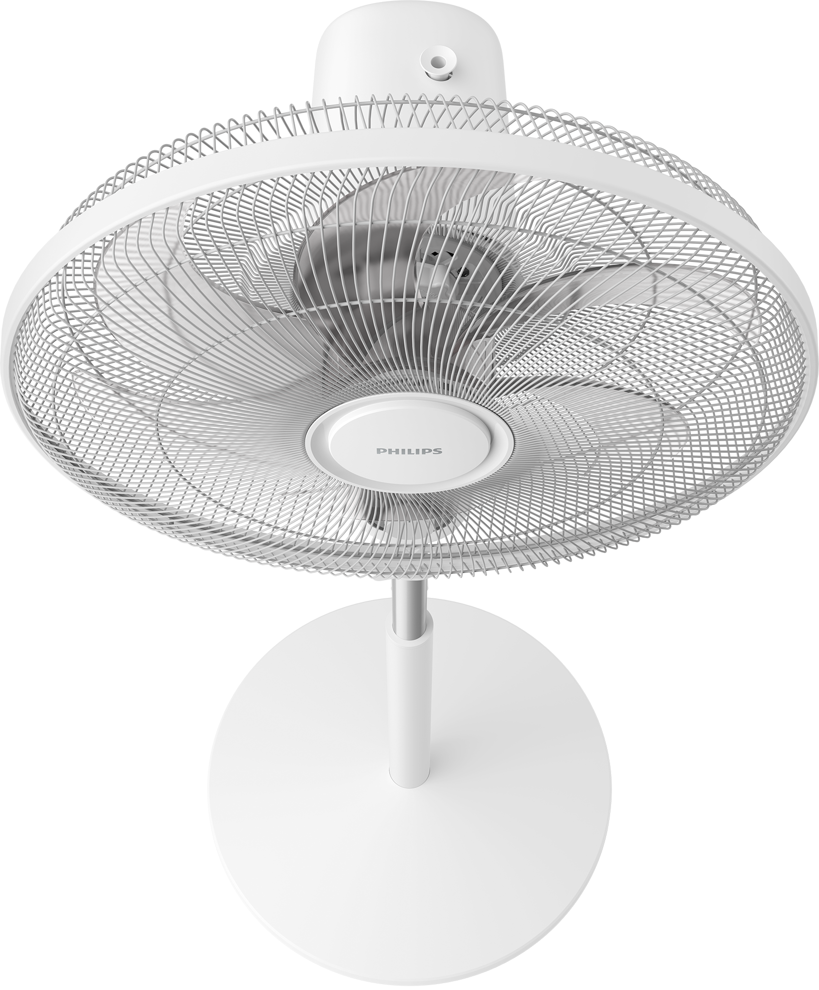Fehér Philips ventilátor állvánnyal. A ventilátor lapátok láthatók. A háttér fekete.