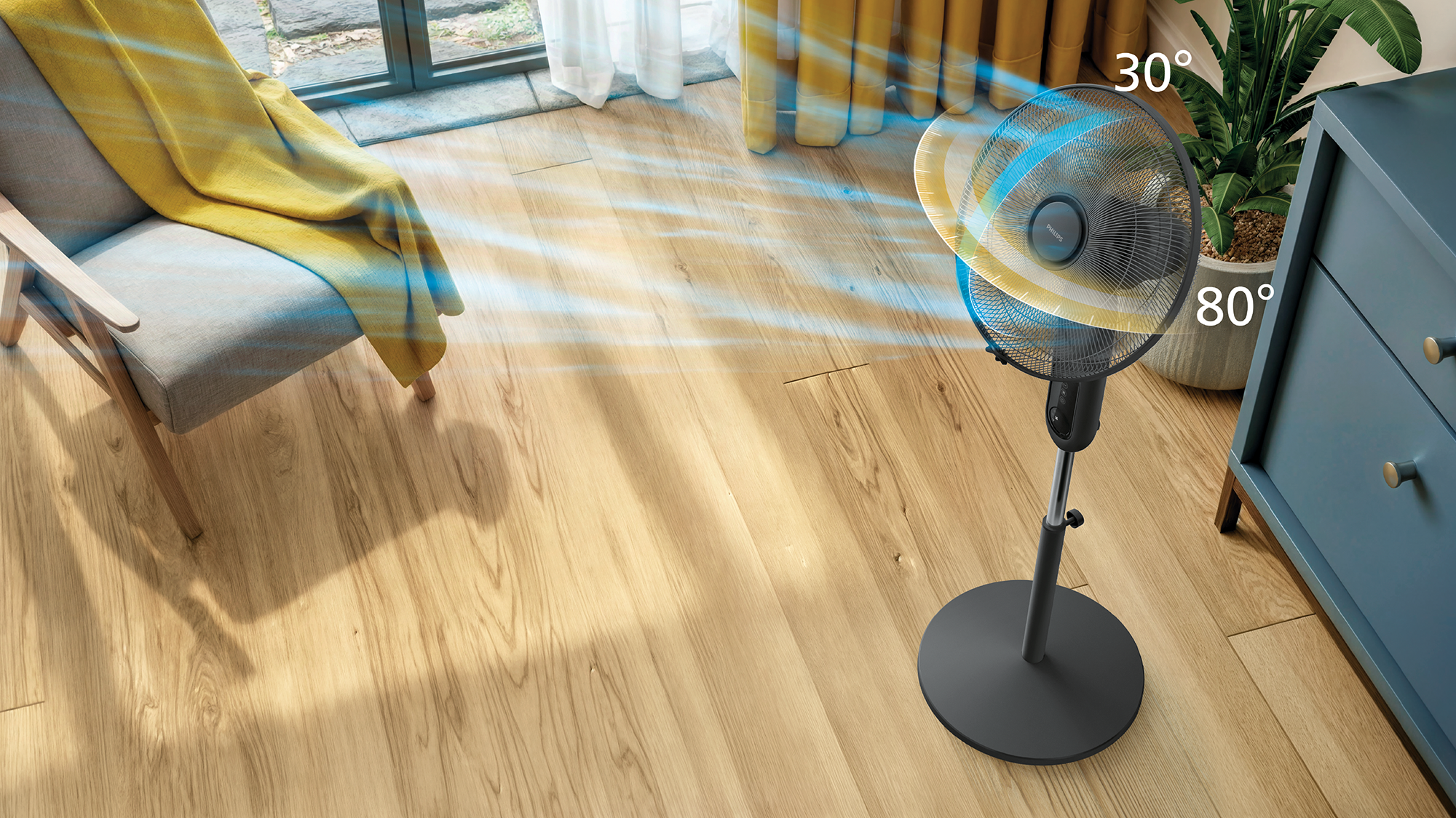 Philips ventilátor a levegő irányát mutatja. Fa padló. A légáramlás 30 és 80 fokban van jelölve.