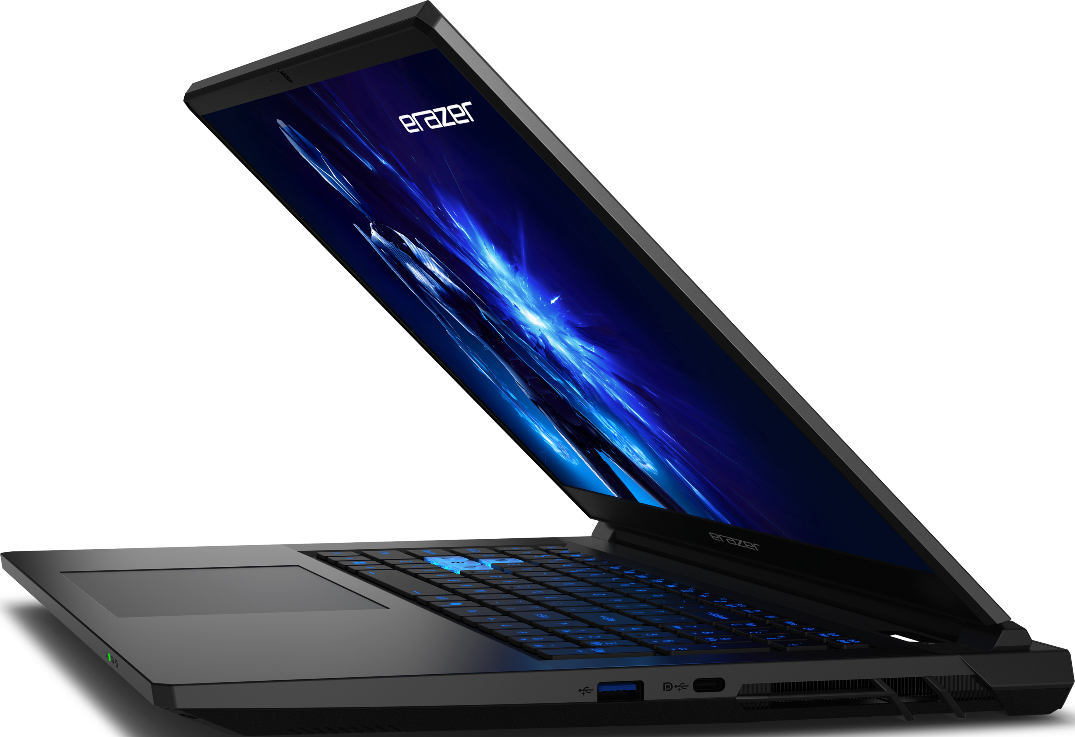 Vue latérale d'un ordinateur portable noir avec un clavier rétro-éclairé bleu.